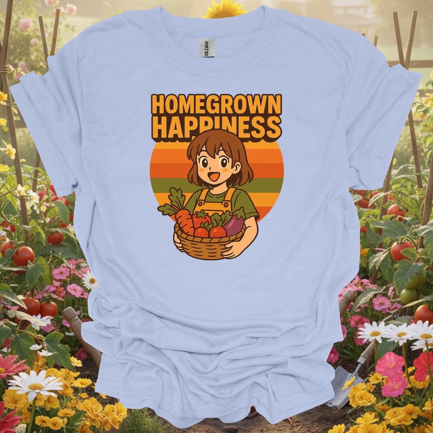 Light Blue shirt showing homegrown happiness anime harvest for home gardeners