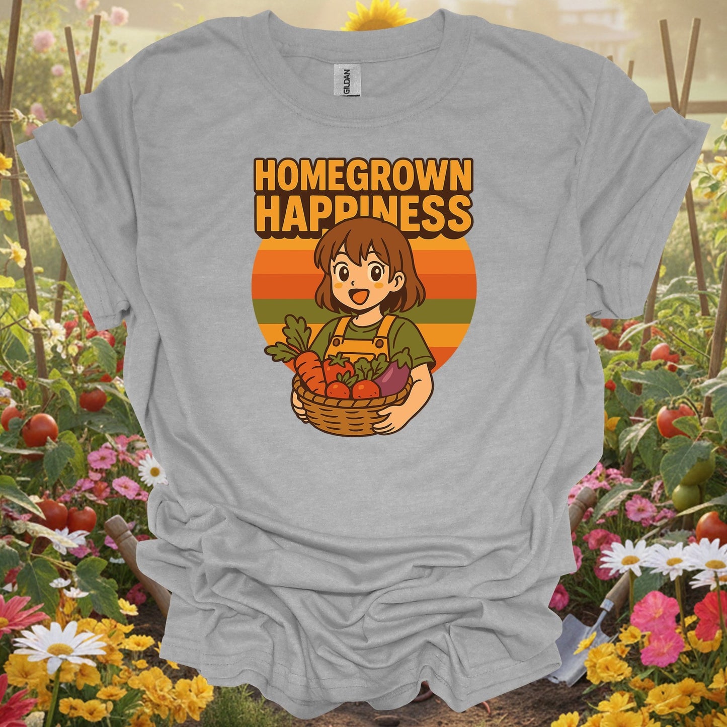 Sport Grey tshirt showing homegrown happiness anime harvest for backyard growers
