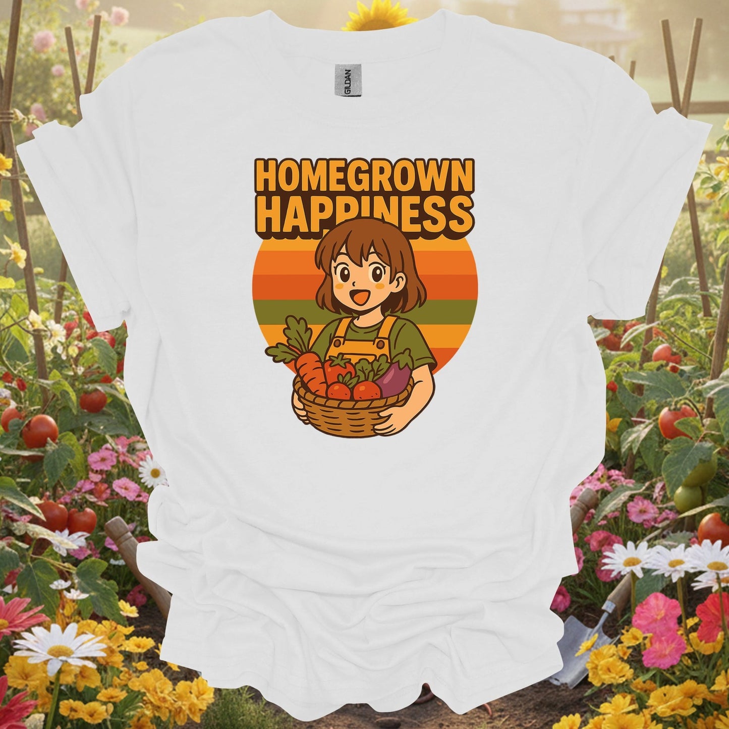 White tee showing homegrown happiness anime harvest for garden hobbyists