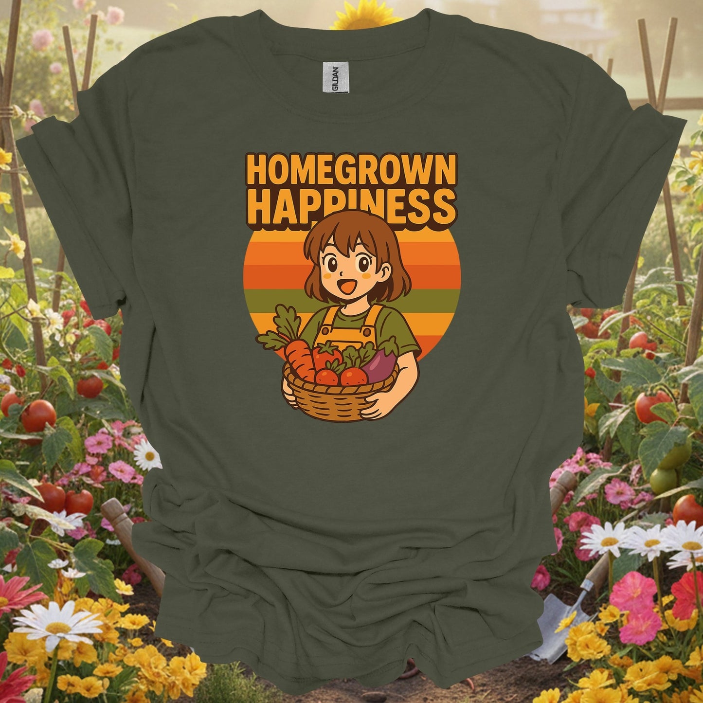Military Green top showing homegrown happiness anime harvest for nature lovers