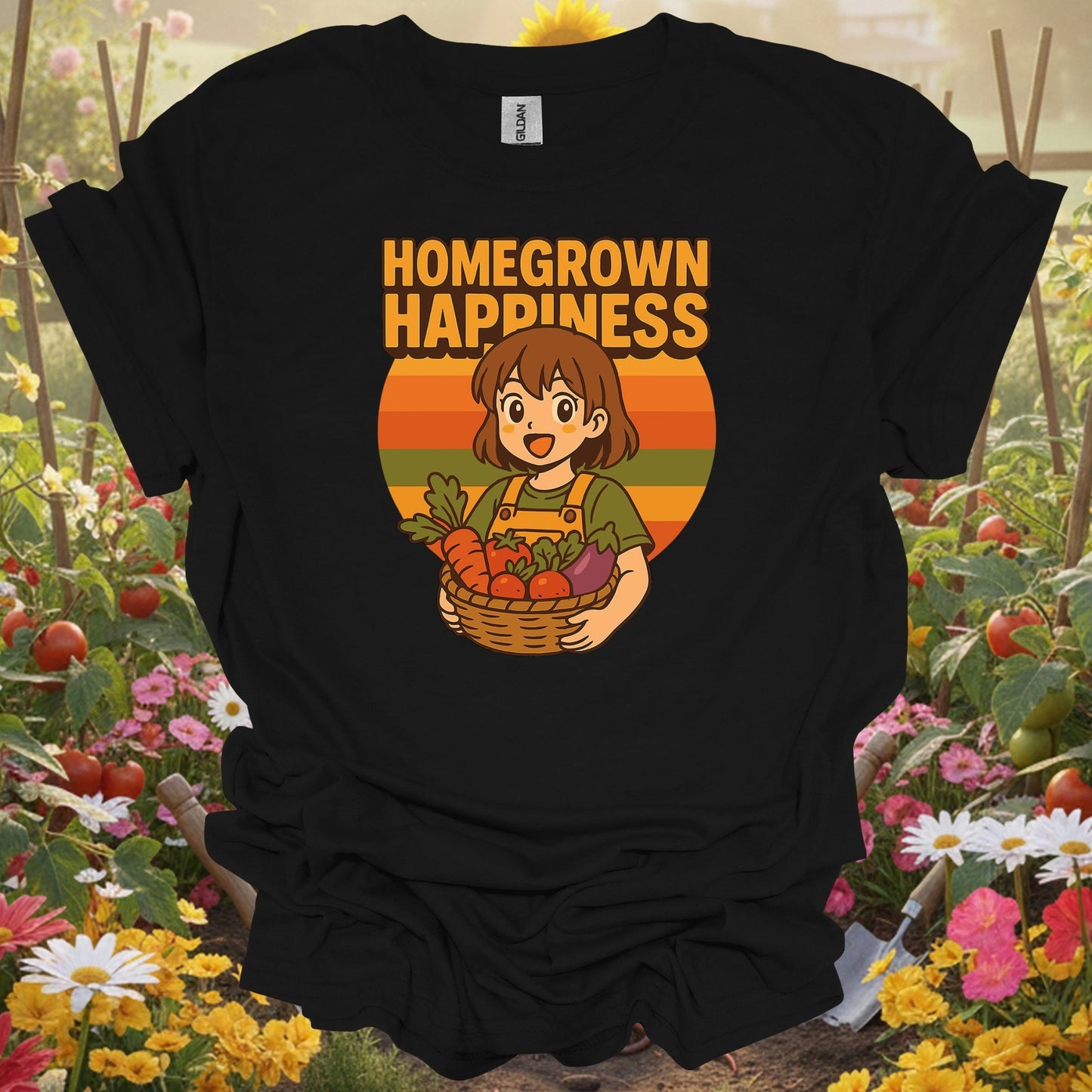 Black shirt showing homegrown happiness anime harvest for outdoor enthusiasts