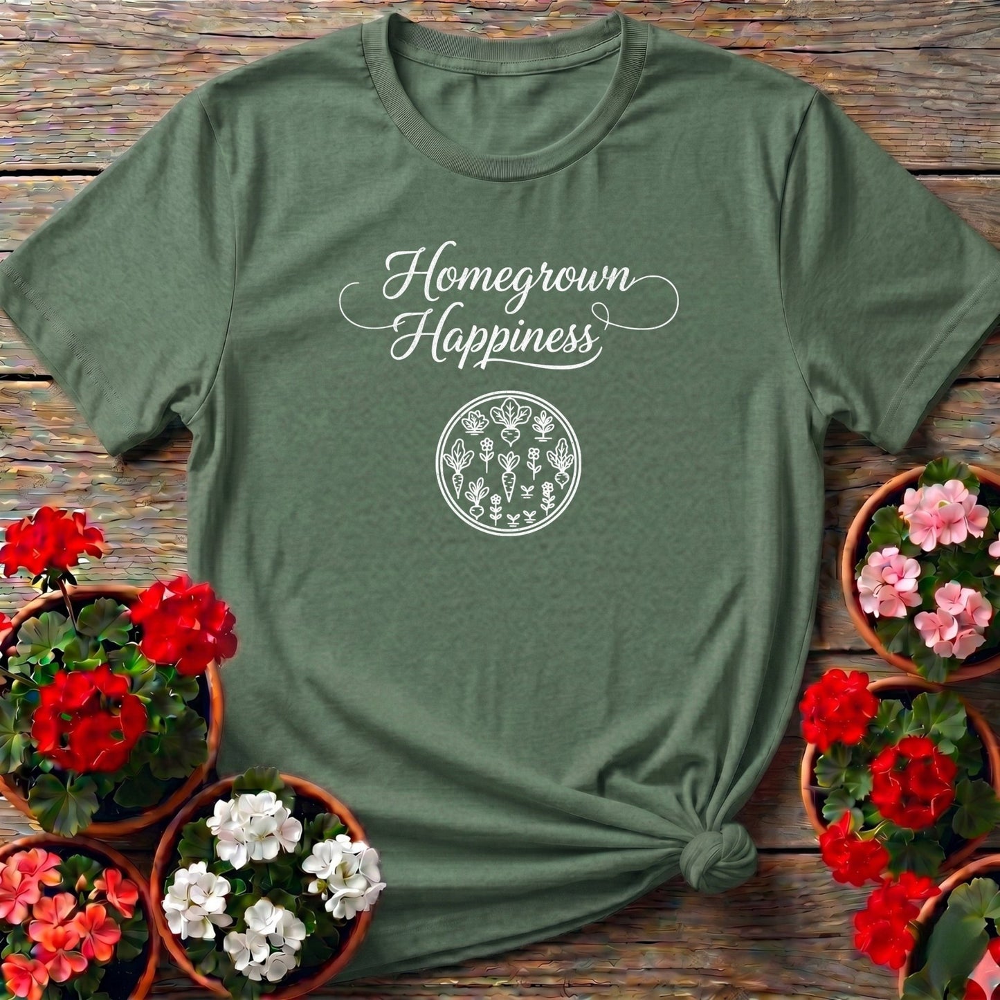 Homegrown Happiness Elegant Script Gardening T-shirt - GardeningTshirts