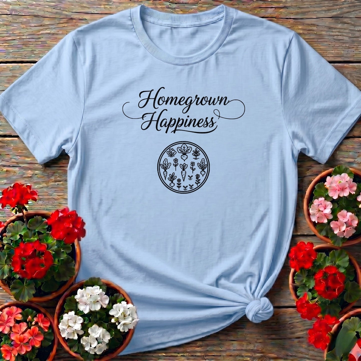Homegrown Happiness Elegant Script Gardening T-shirt - GardeningTshirts