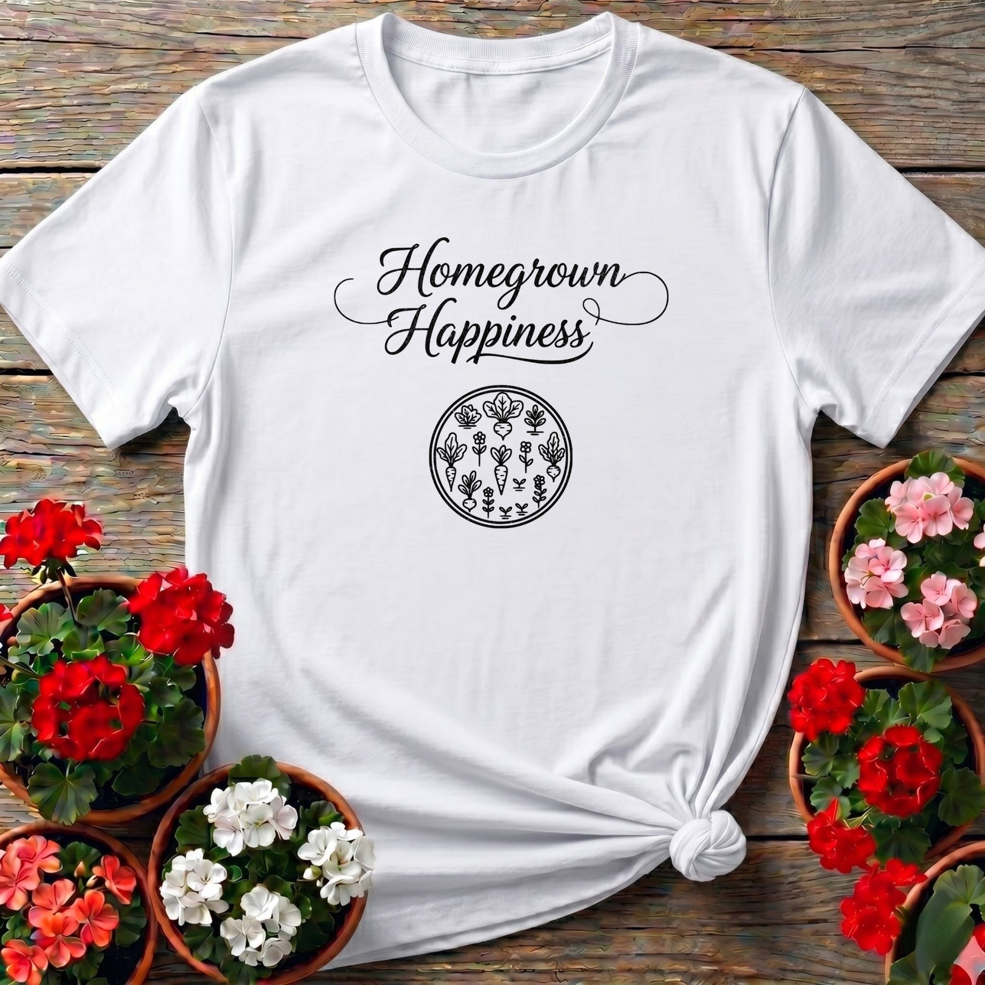 Homegrown Happiness Elegant Script Gardening T-shirt - GardeningTshirts
