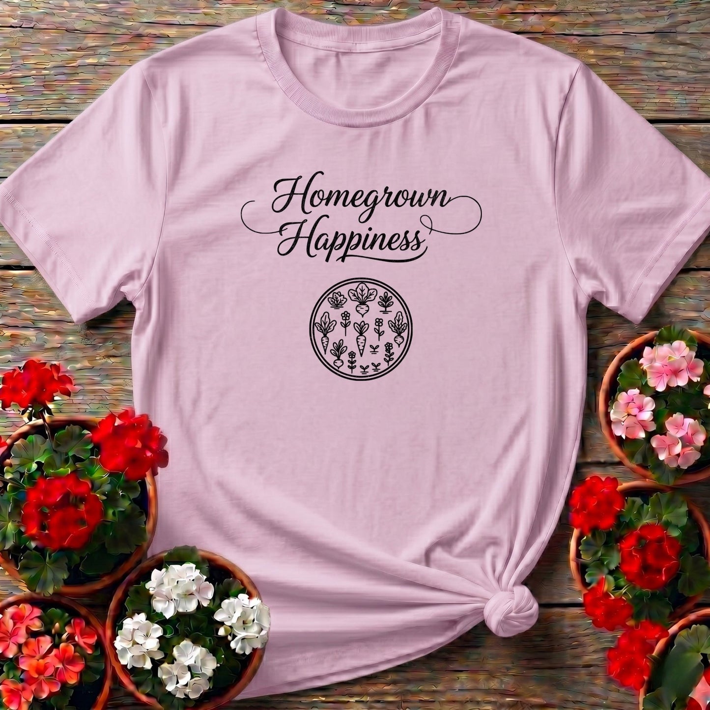 Homegrown Happiness Elegant Script Gardening T-shirt - GardeningTshirts