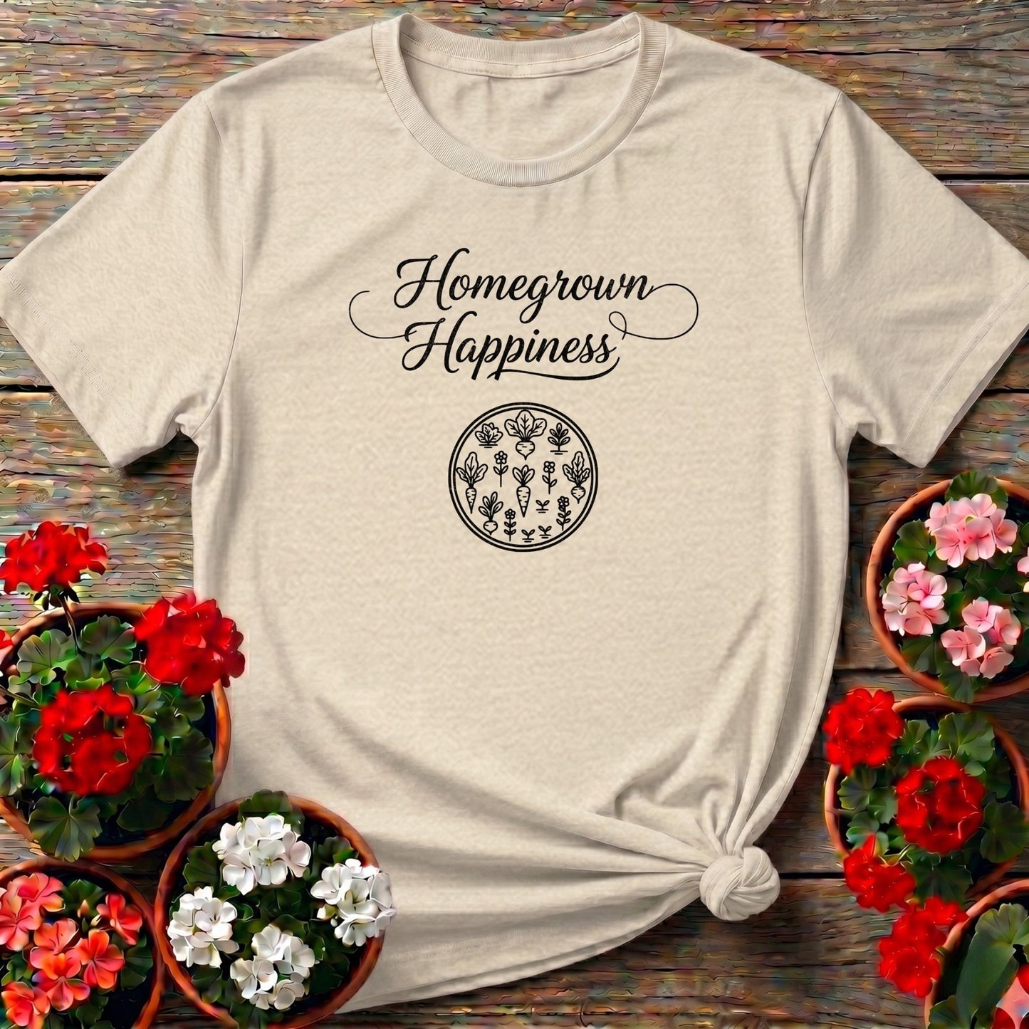 Homegrown Happiness Elegant Script Gardening T-shirt - GardeningTshirts