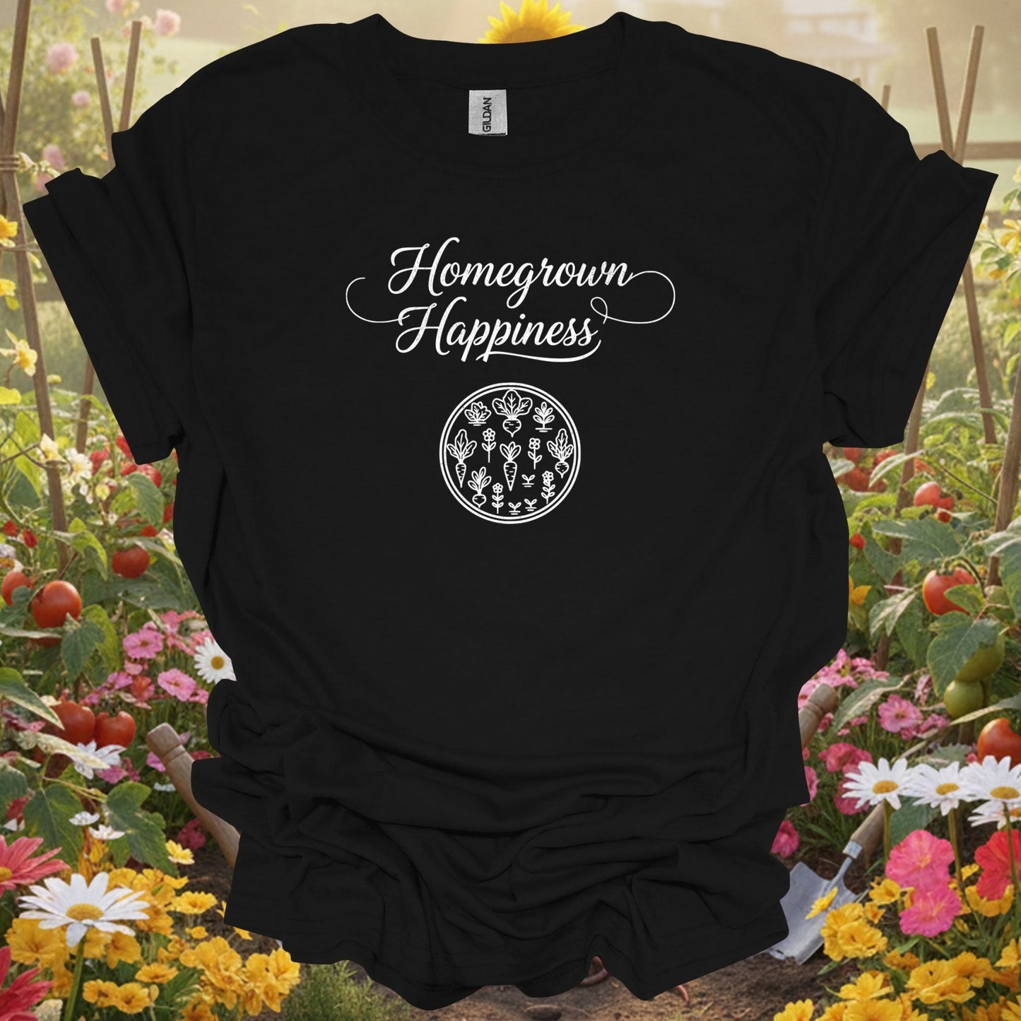 Black shirt showing homegrown happiness elegant script for outdoor enthusiasts