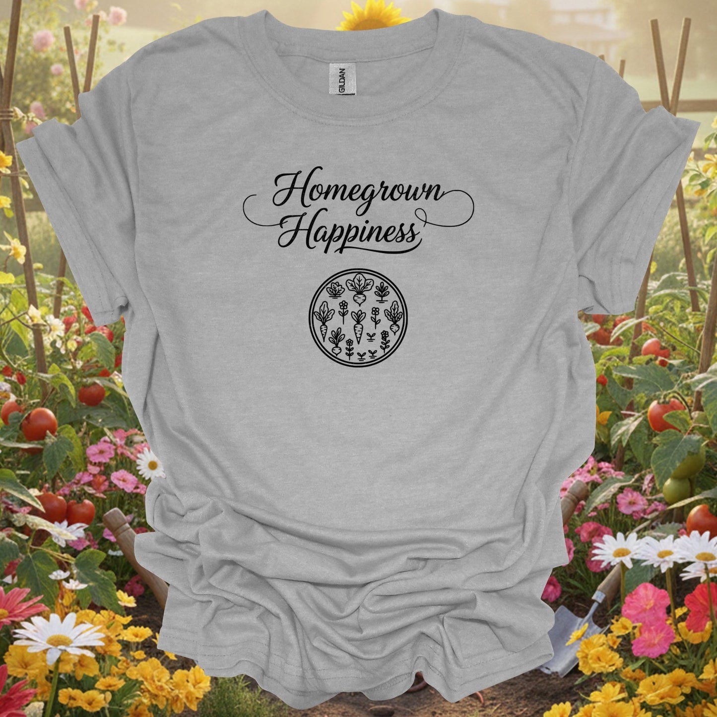 Sport Grey tshirt showing homegrown happiness elegant script for backyard growers