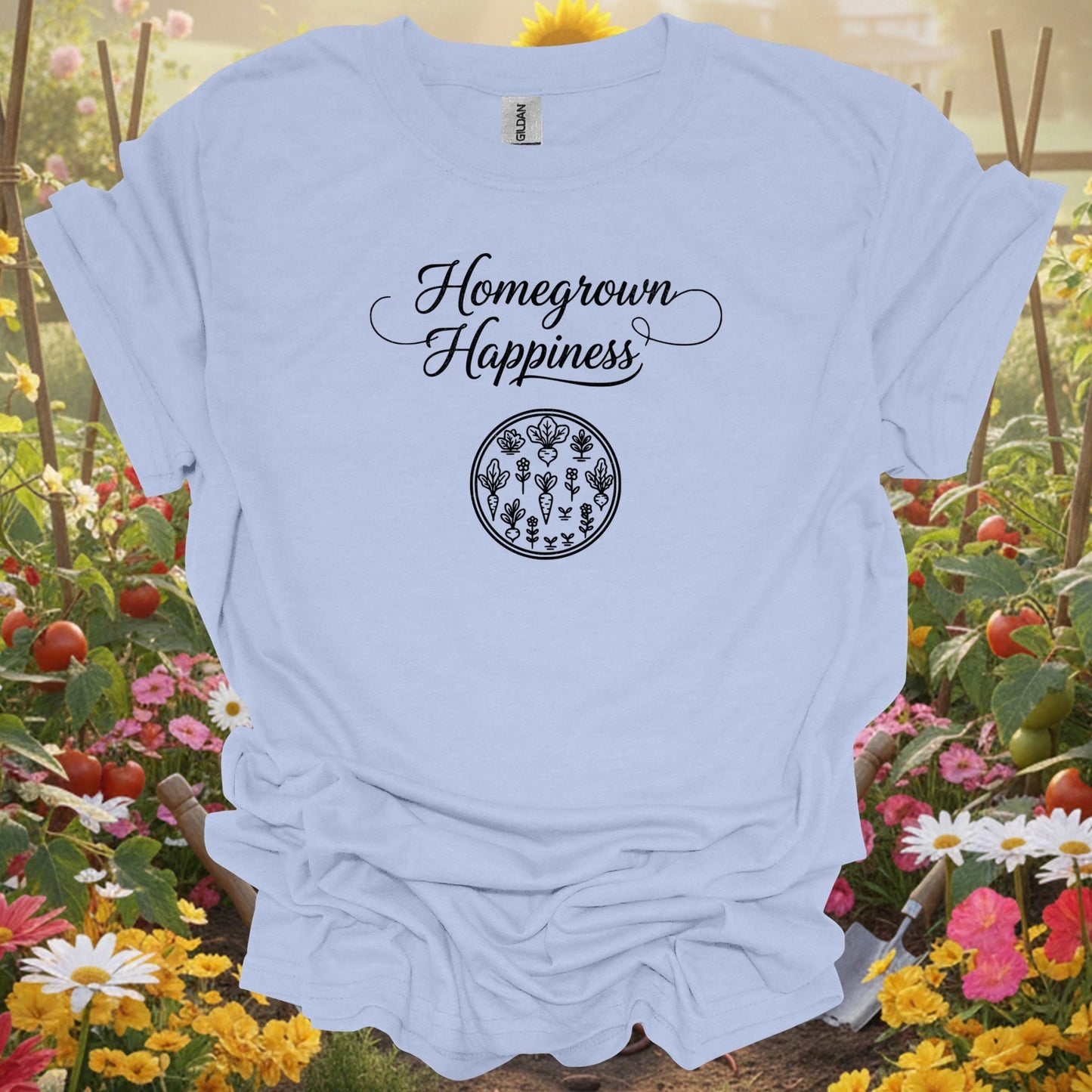 Light Blue shirt showing homegrown happiness elegant script for home gardeners