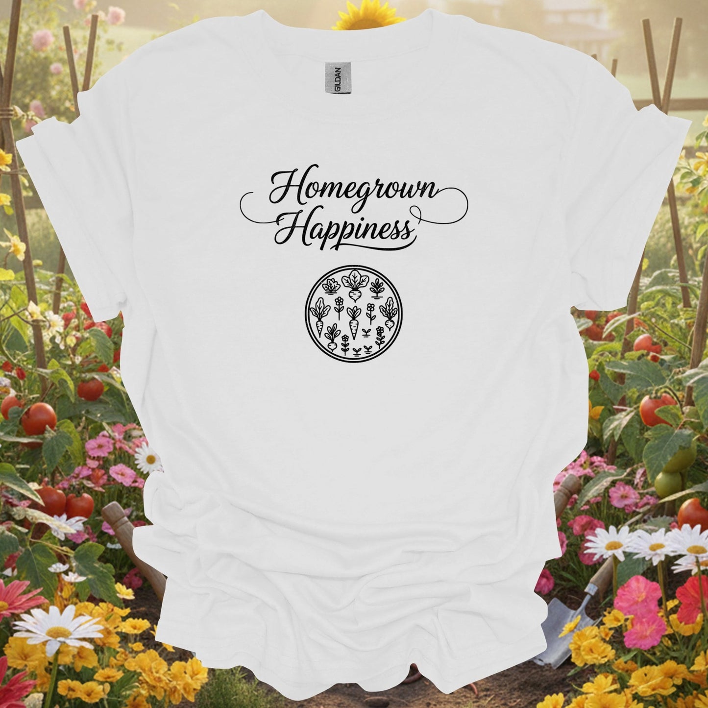 White tee showing homegrown happiness elegant script for garden hobbyists