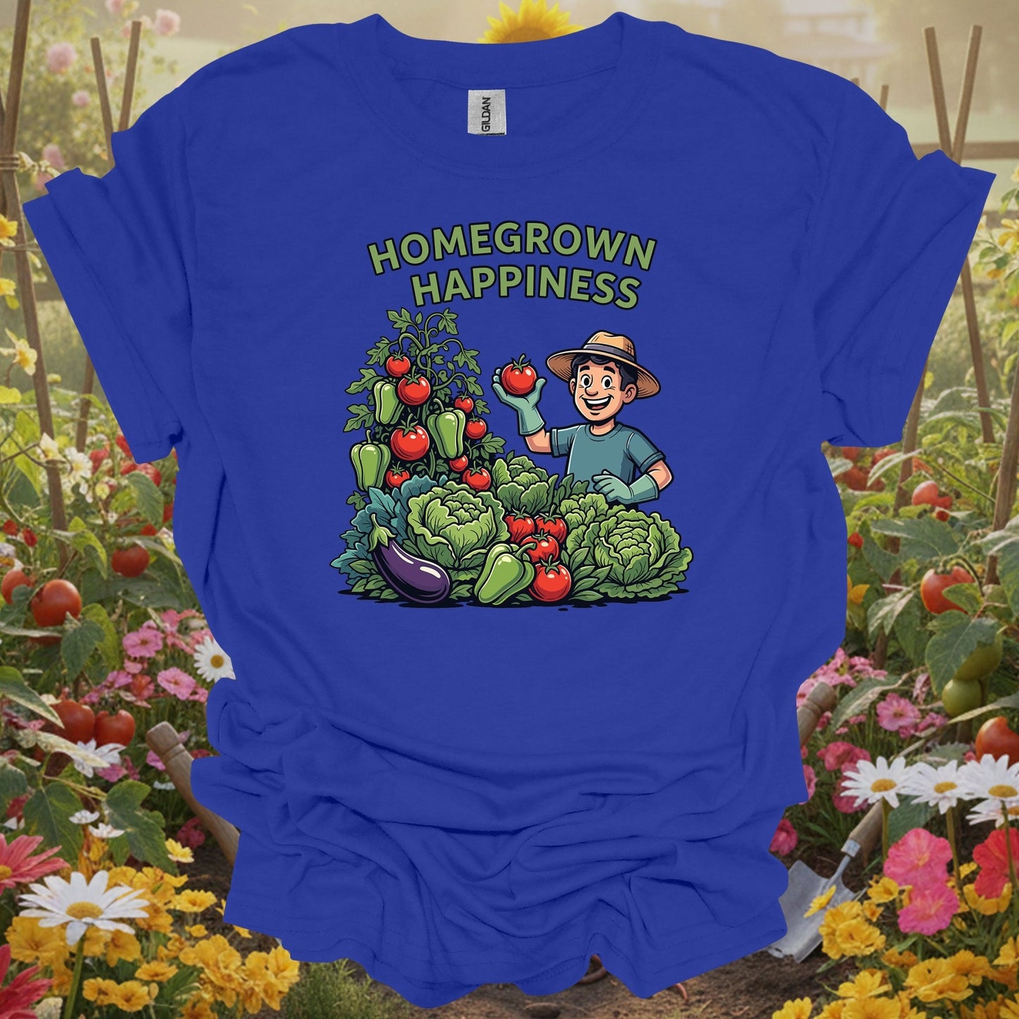 Royal homegrown happiness gardening shirt with whimsical happy vegetable garden for vegetable gardeners, home cooks