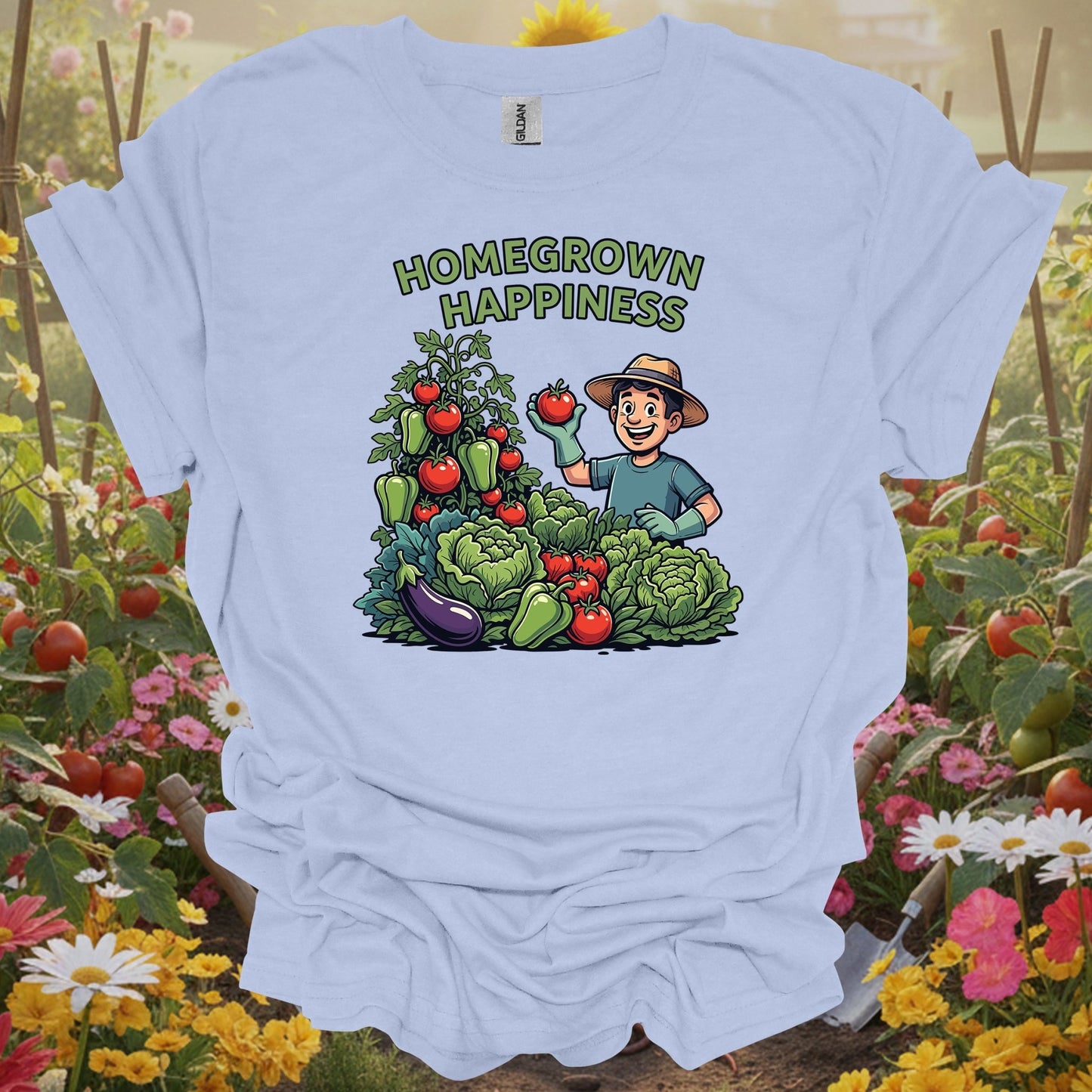 Light Blue homegrown happiness gardening shirt with whimsical happy vegetable garden for vegetable gardeners, home cooks