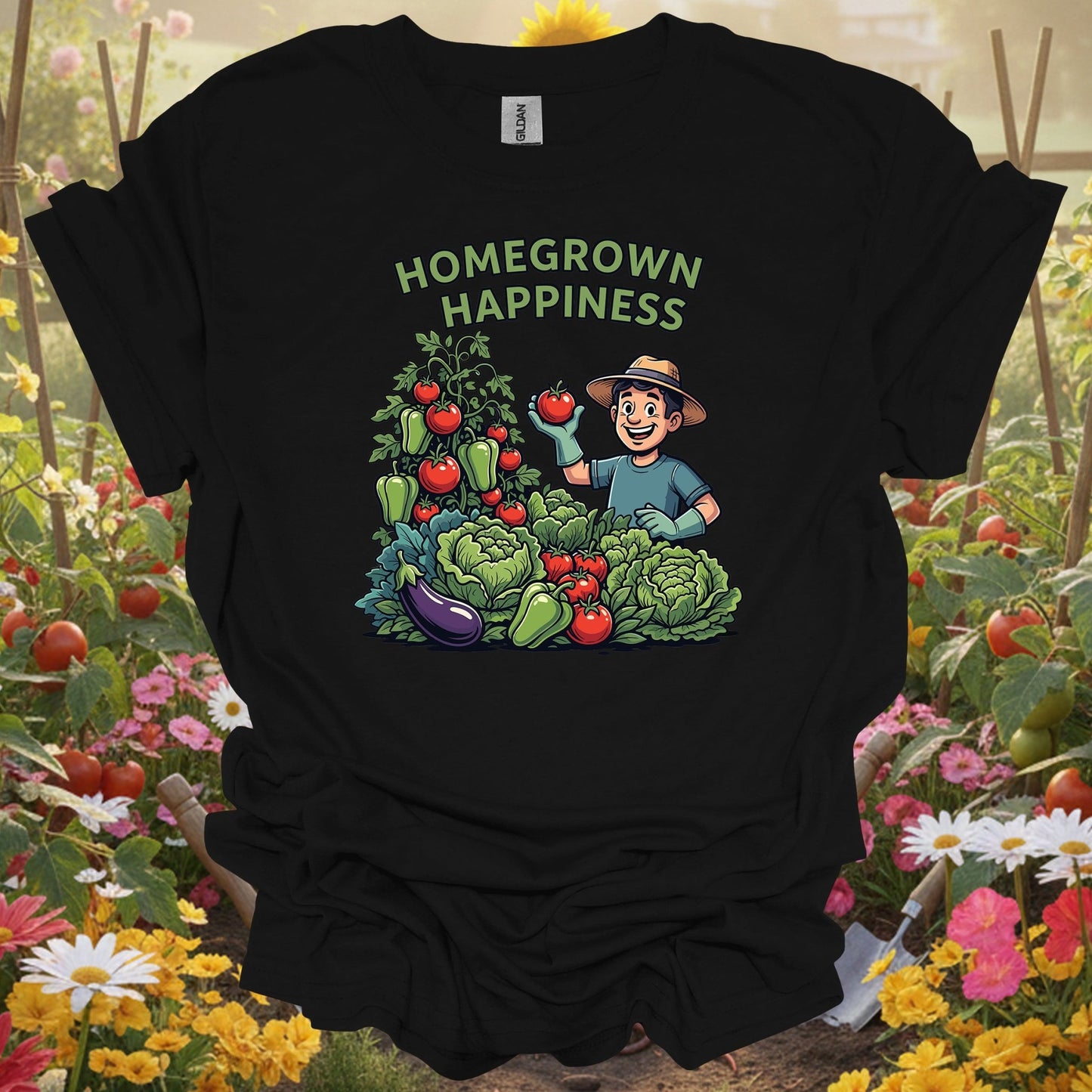 Black homegrown happiness gardening shirt with whimsical happy vegetable garden for vegetable gardeners, home cooks