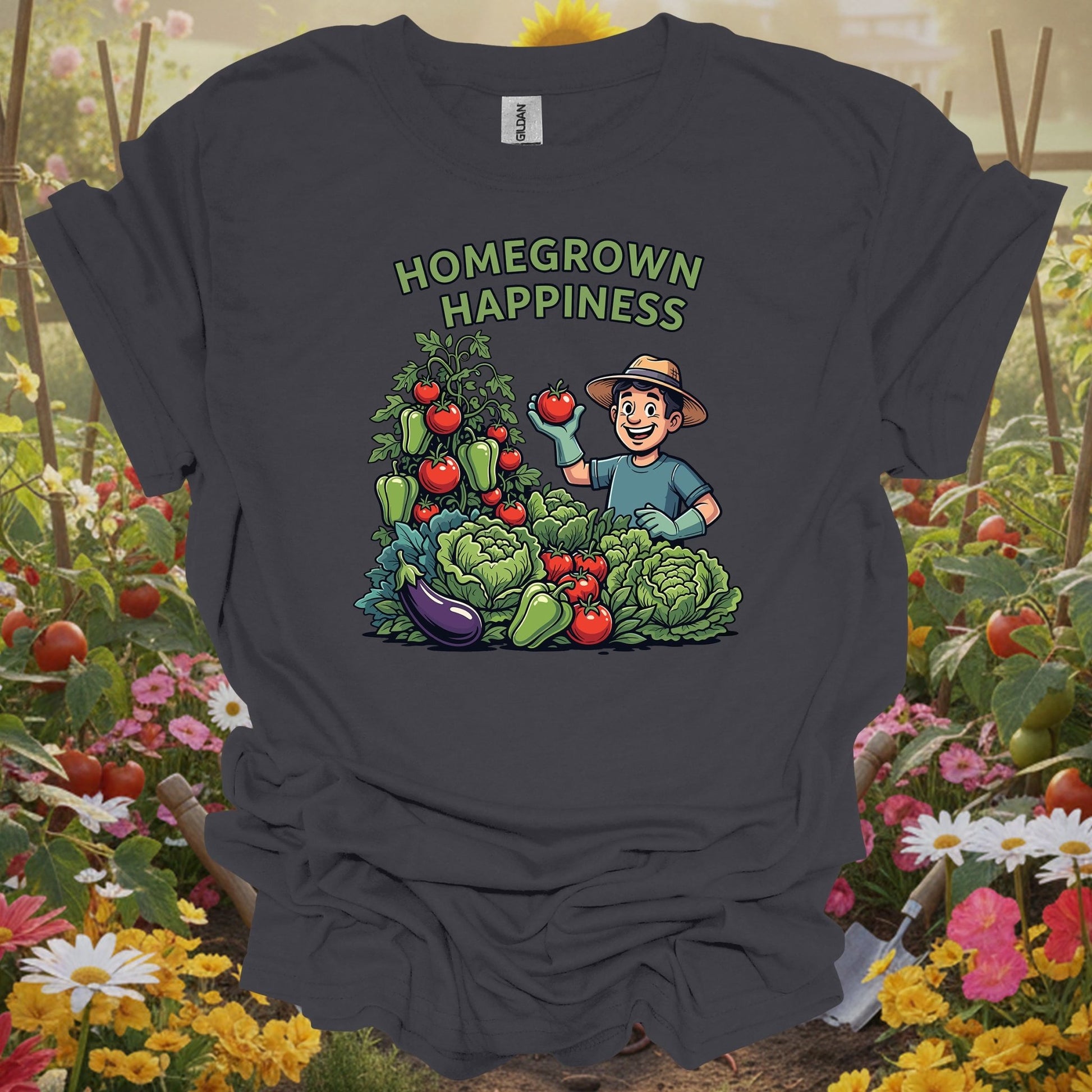 Charcoal homegrown happiness gardening shirt with whimsical happy vegetable garden for vegetable gardeners, home cooks