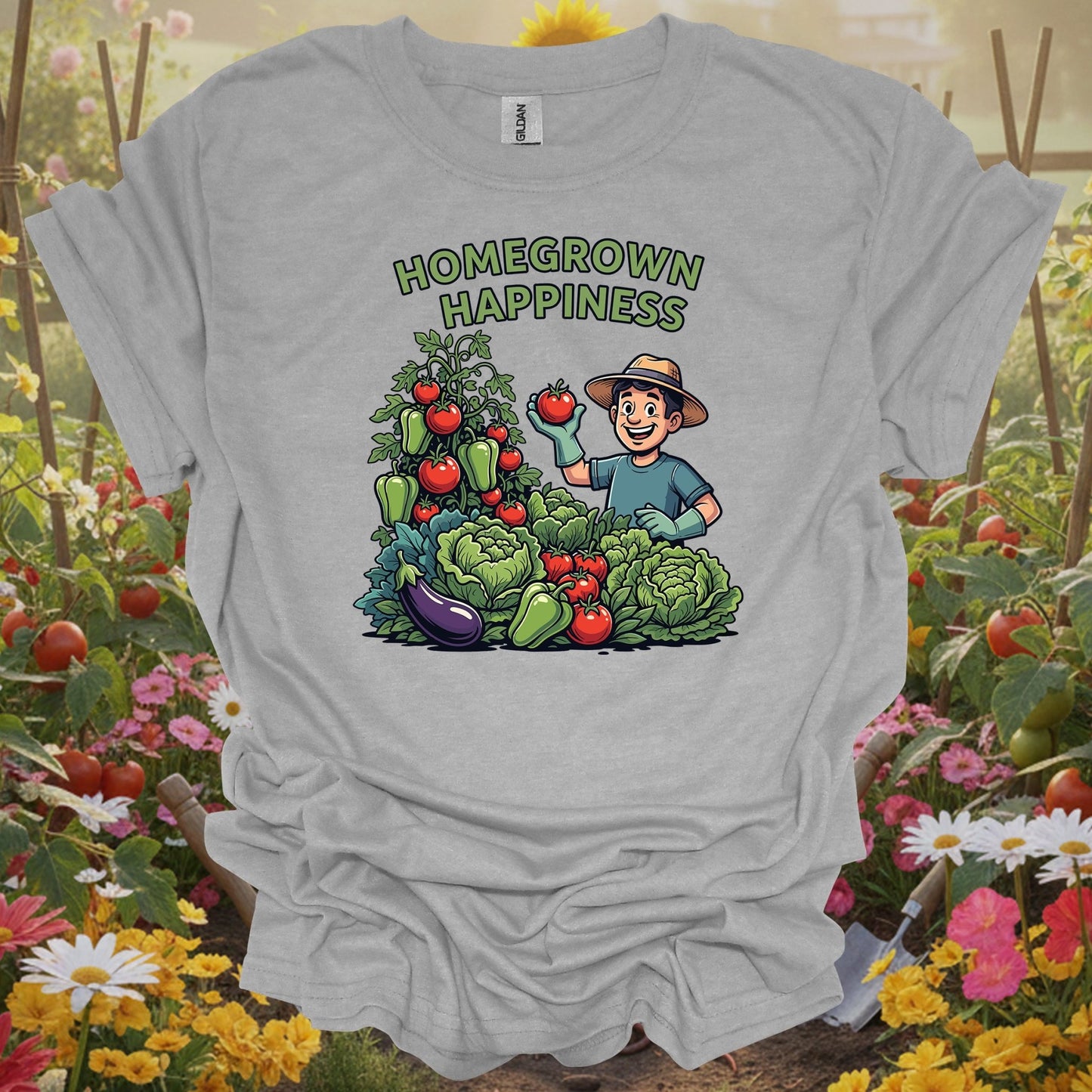 Sport Grey homegrown happiness gardening shirt with whimsical happy vegetable garden for vegetable gardeners, home cooks