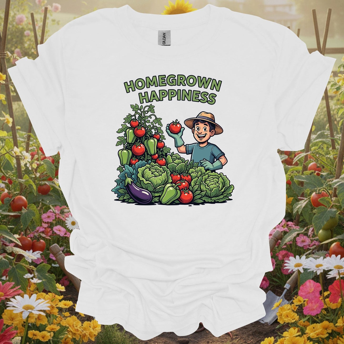 White homegrown happiness gardening shirt with whimsical happy vegetable garden for vegetable gardeners, home cooks