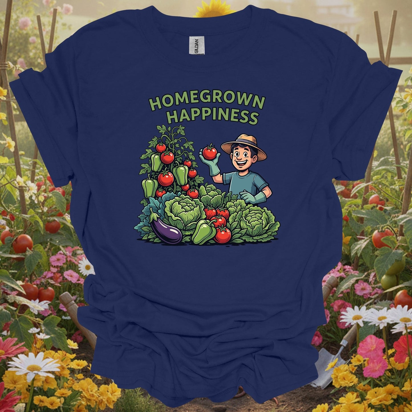 Navy homegrown happiness gardening shirt with whimsical happy vegetable garden for vegetable gardeners, home cooks