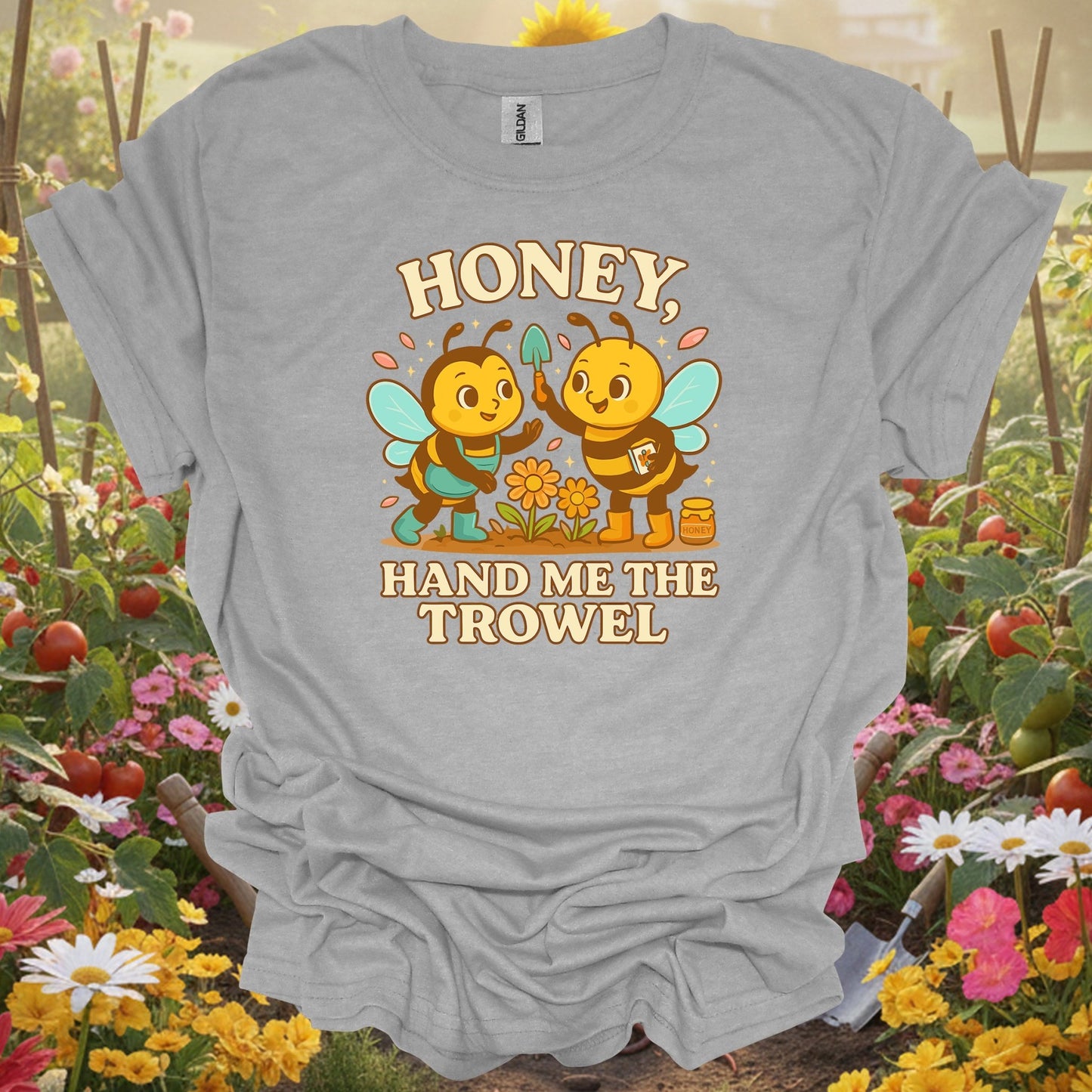 Sport Grey tee showing honey hand me the trowel funny bee for garden hobbyists