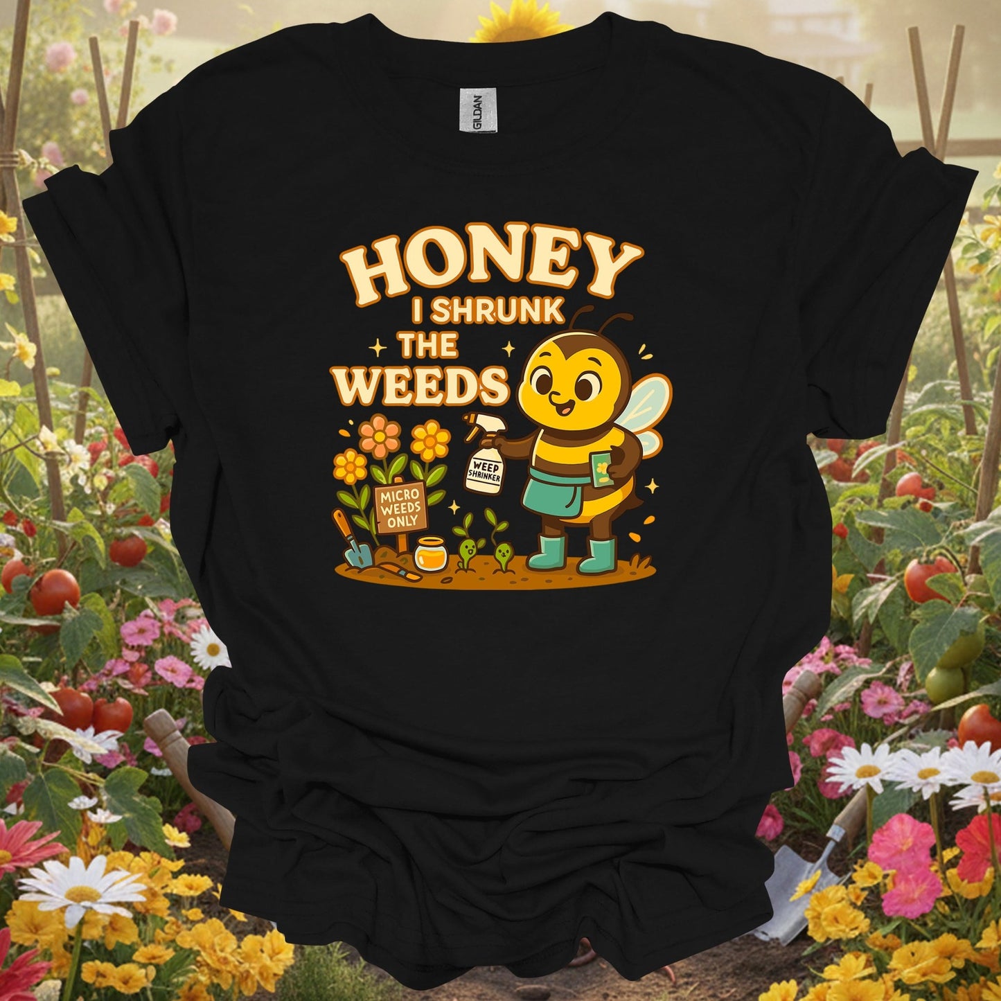 Black shirt showing honey i shrunk the weeds funny bee for outdoor enthusiasts
