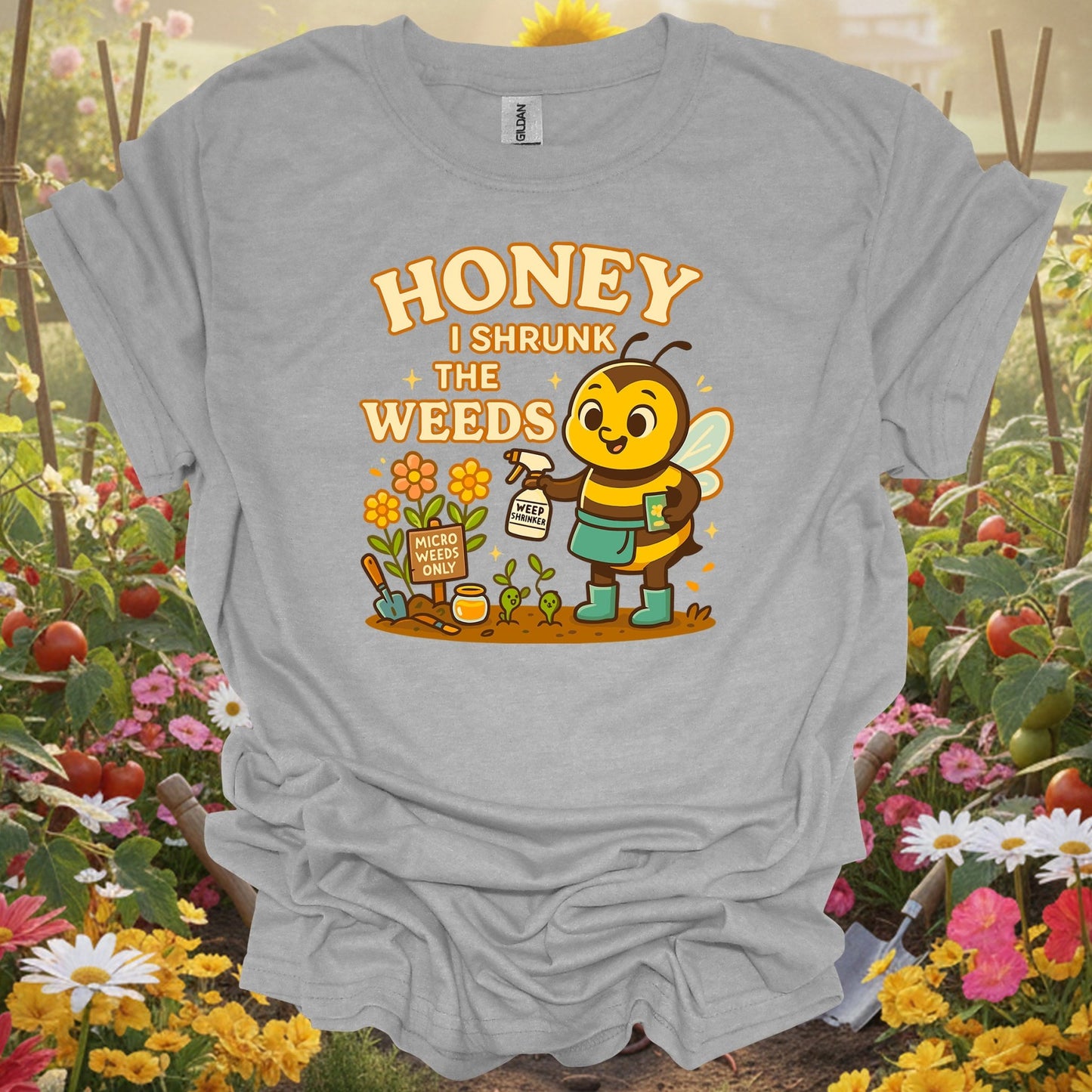 Sport Grey tshirt showing honey i shrunk the weeds funny bee for backyard growers