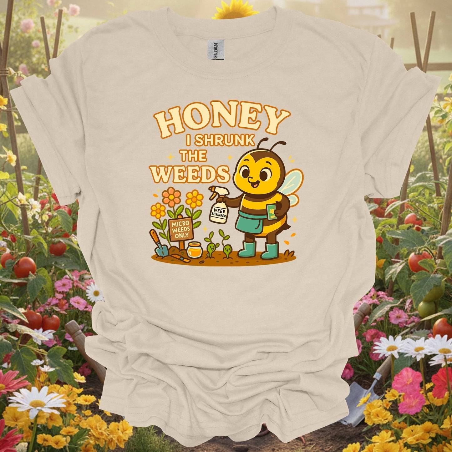 Natural tshirt showing honey i shrunk the weeds funny bee for people who love plants