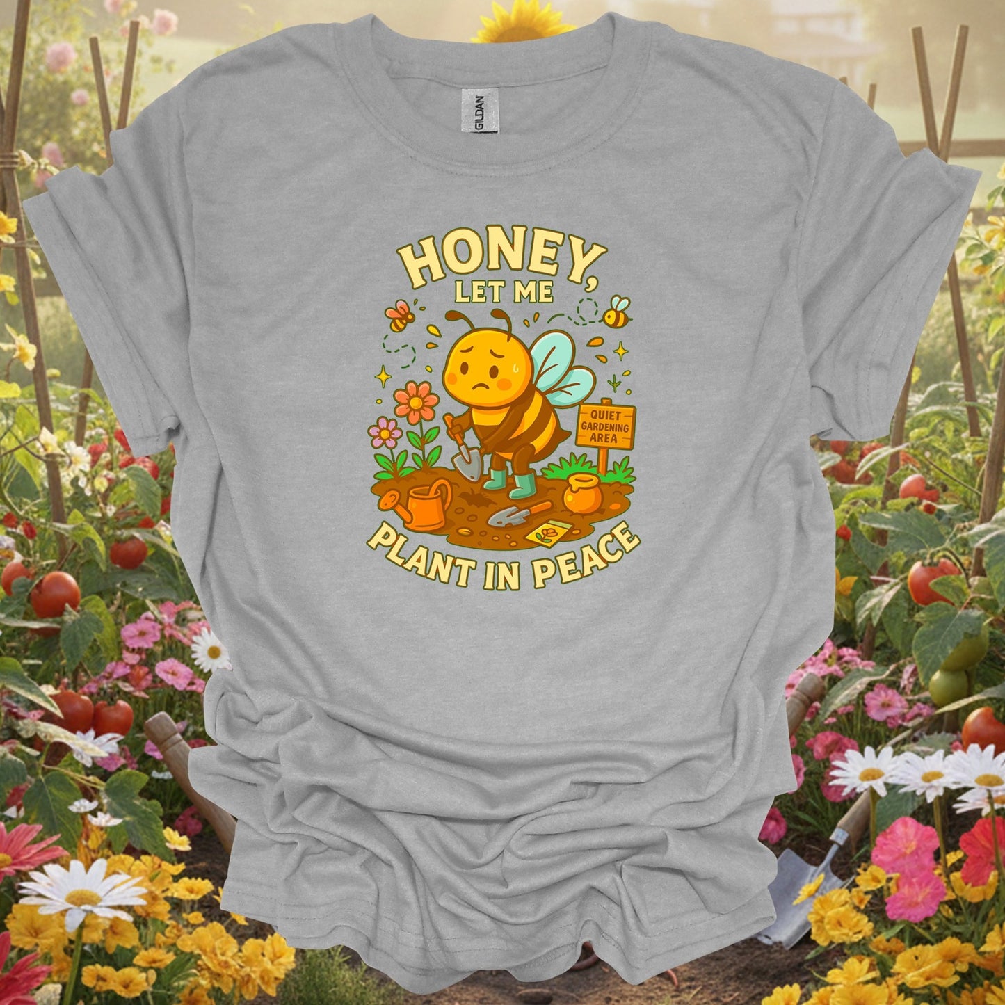 Sport Grey tee showing honey let me plant in peace funny bee for garden hobbyists