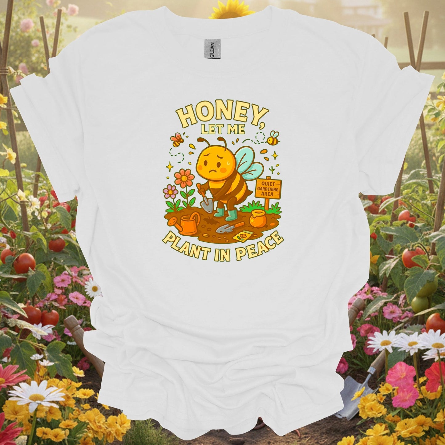 White shirt showing honey let me plant in peace funny bee for outdoor enthusiasts