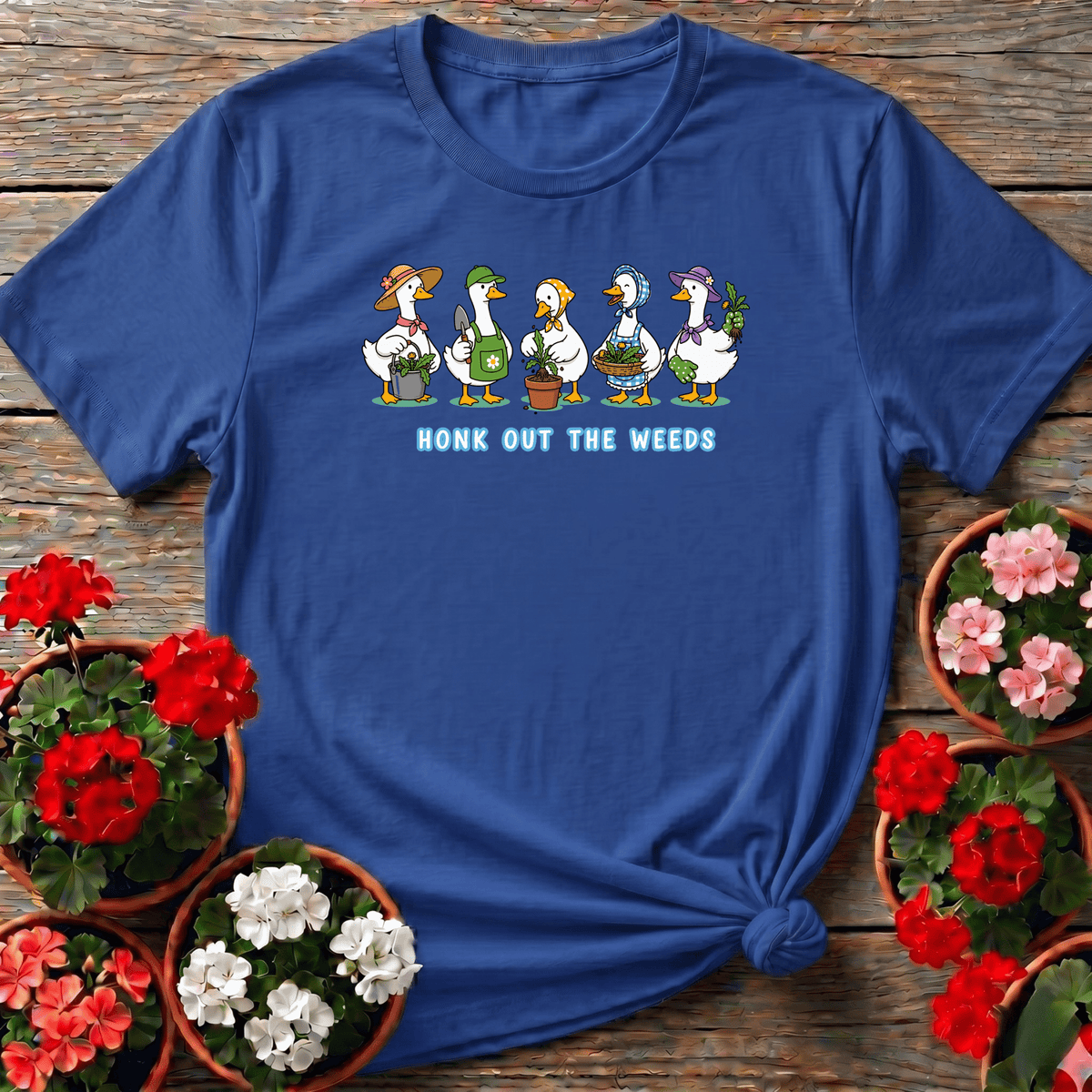 Royal playful kawaii gardening tee "Honk Out the Weeds" with storybook goose illustrations for funny garden gift