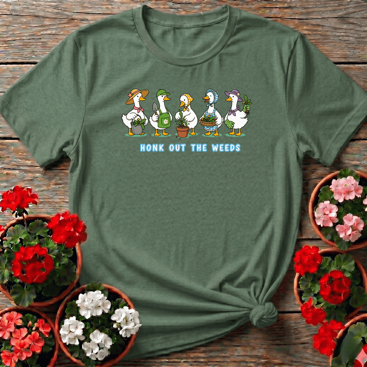 Military Green storybook illustrated gardening tee "Honk Out the Weeds" featuring bonnet geese for cottagecore fans