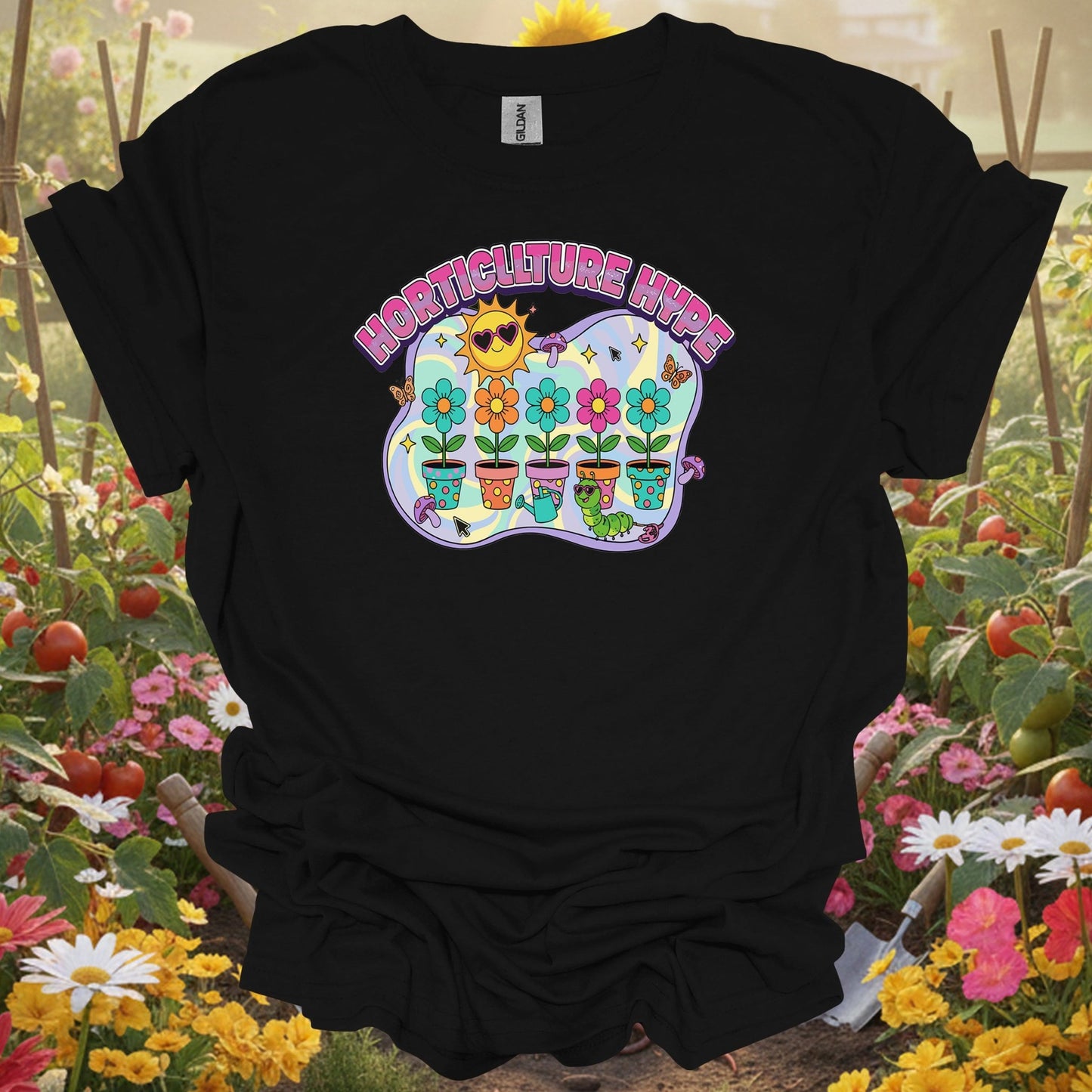 Black tshirt showing horticulture hype funky retro y2k gardener for gardening enthusiasts