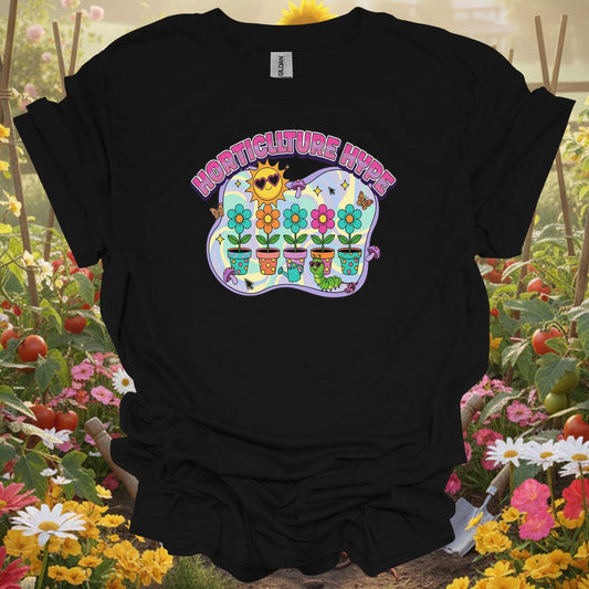Black tshirt showing horticulture hype funky retro y2k gardener for gardening enthusiasts