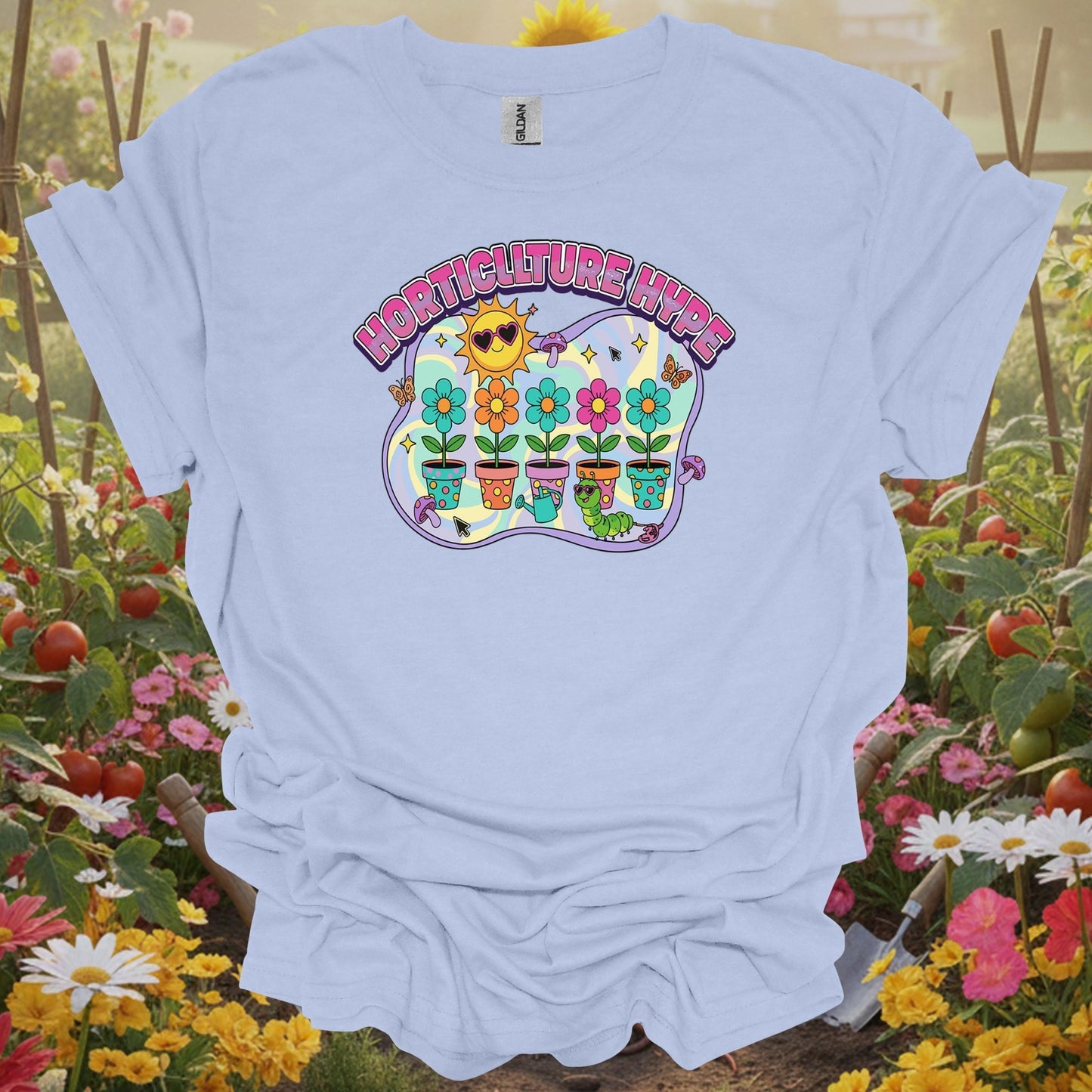 Light Blue shirt showing horticulture hype funky retro y2k gardener for home gardeners