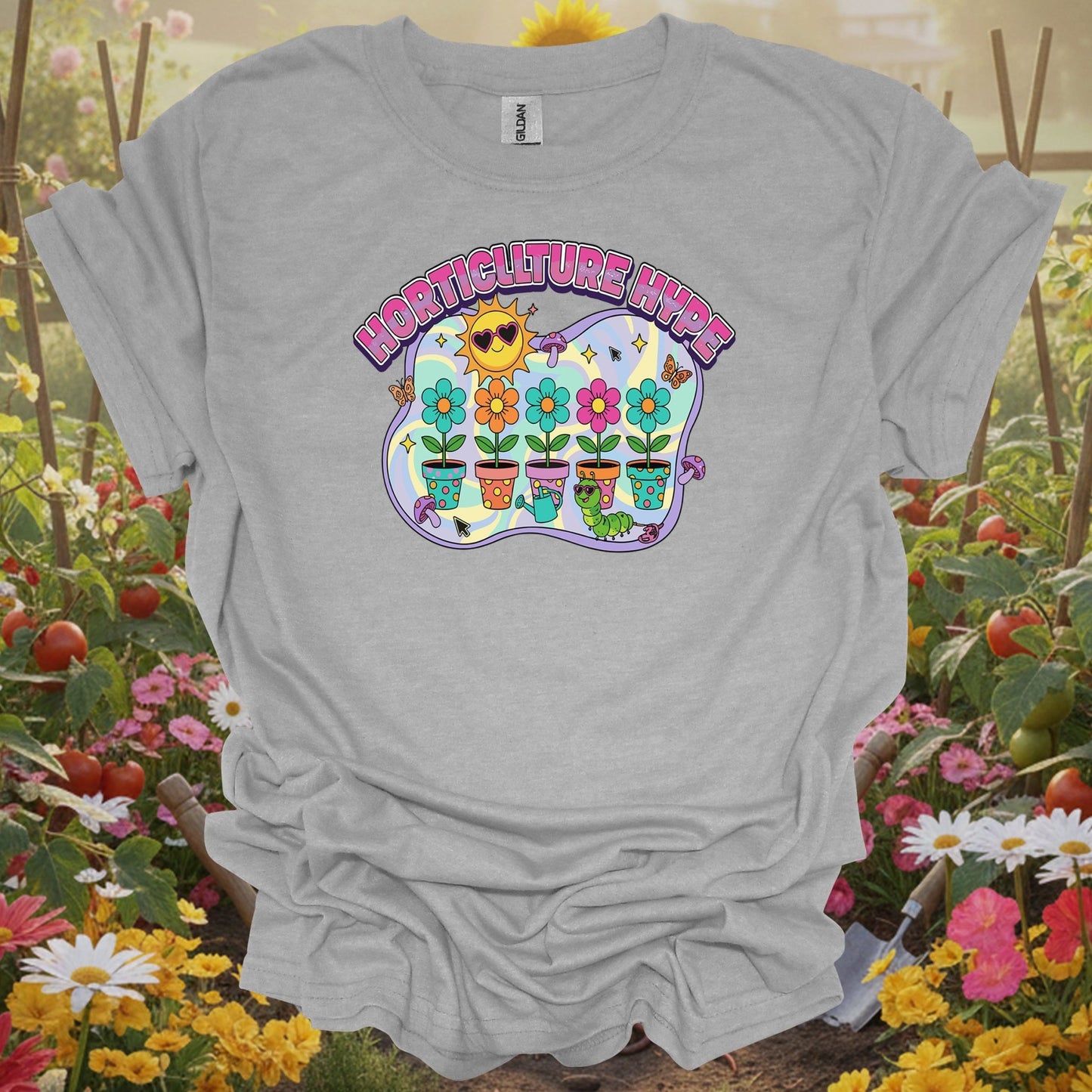 Sport Grey tee showing horticulture hype funky retro y2k gardener for garden hobbyists