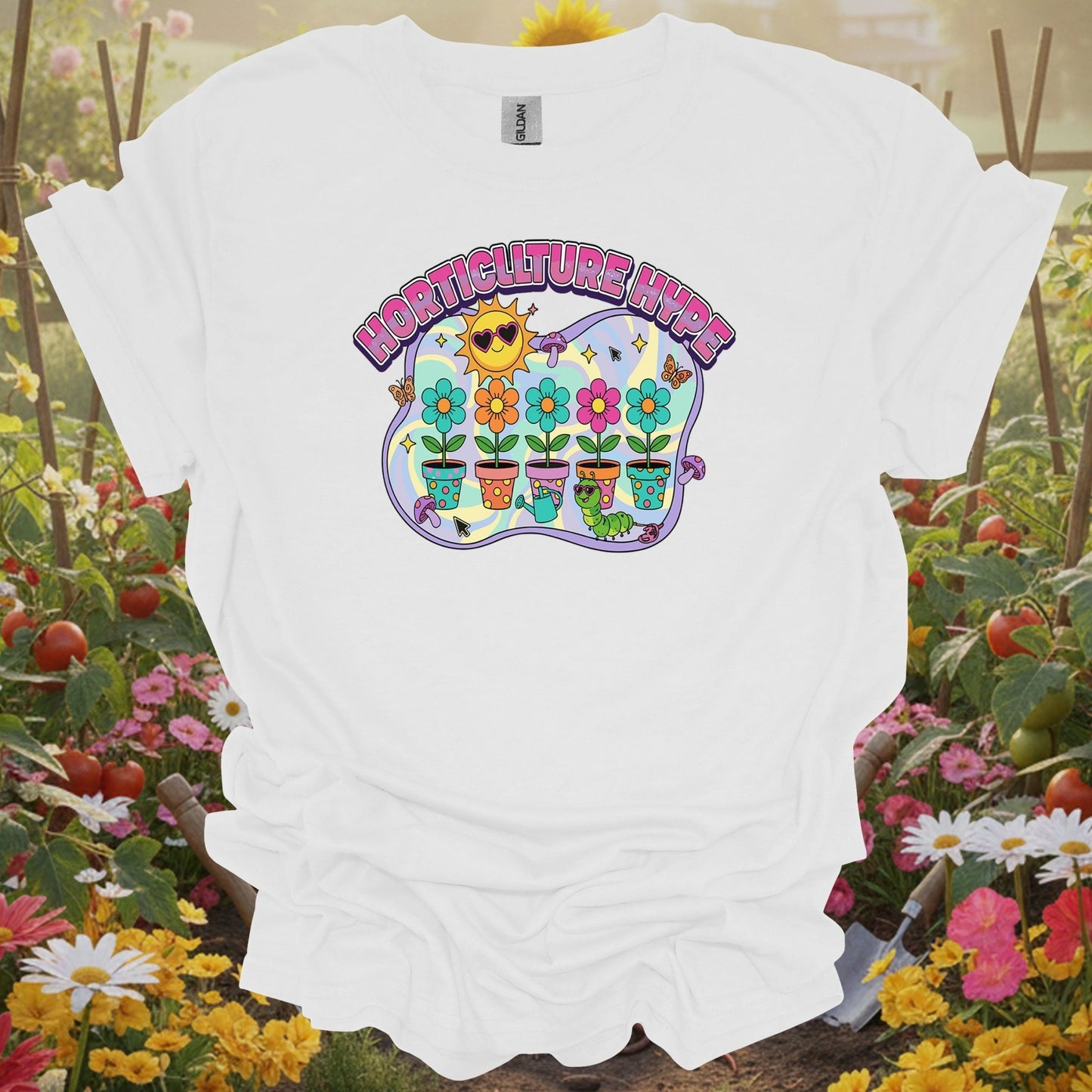 White shirt showing horticulture hype funky retro y2k gardener for outdoor enthusiasts
