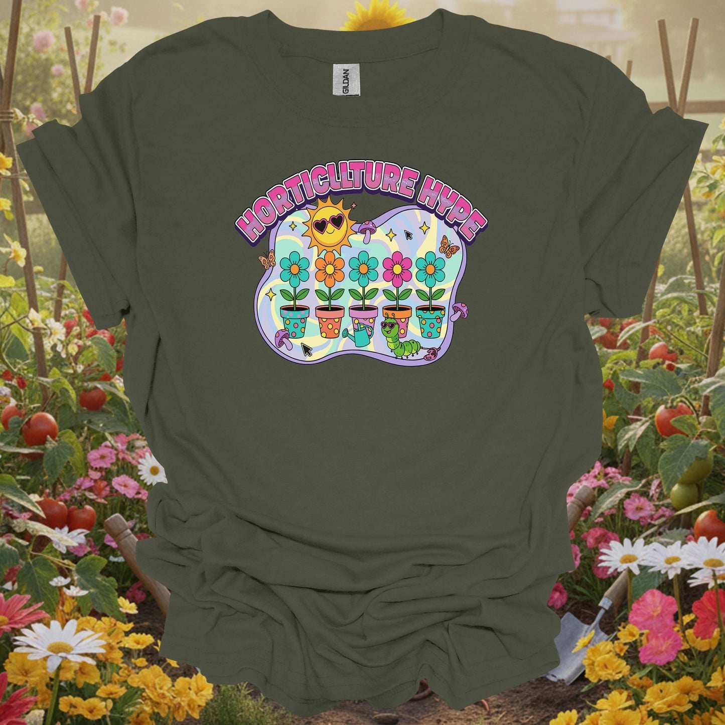Military Green top showing horticulture hype funky retro y2k gardener for nature lovers