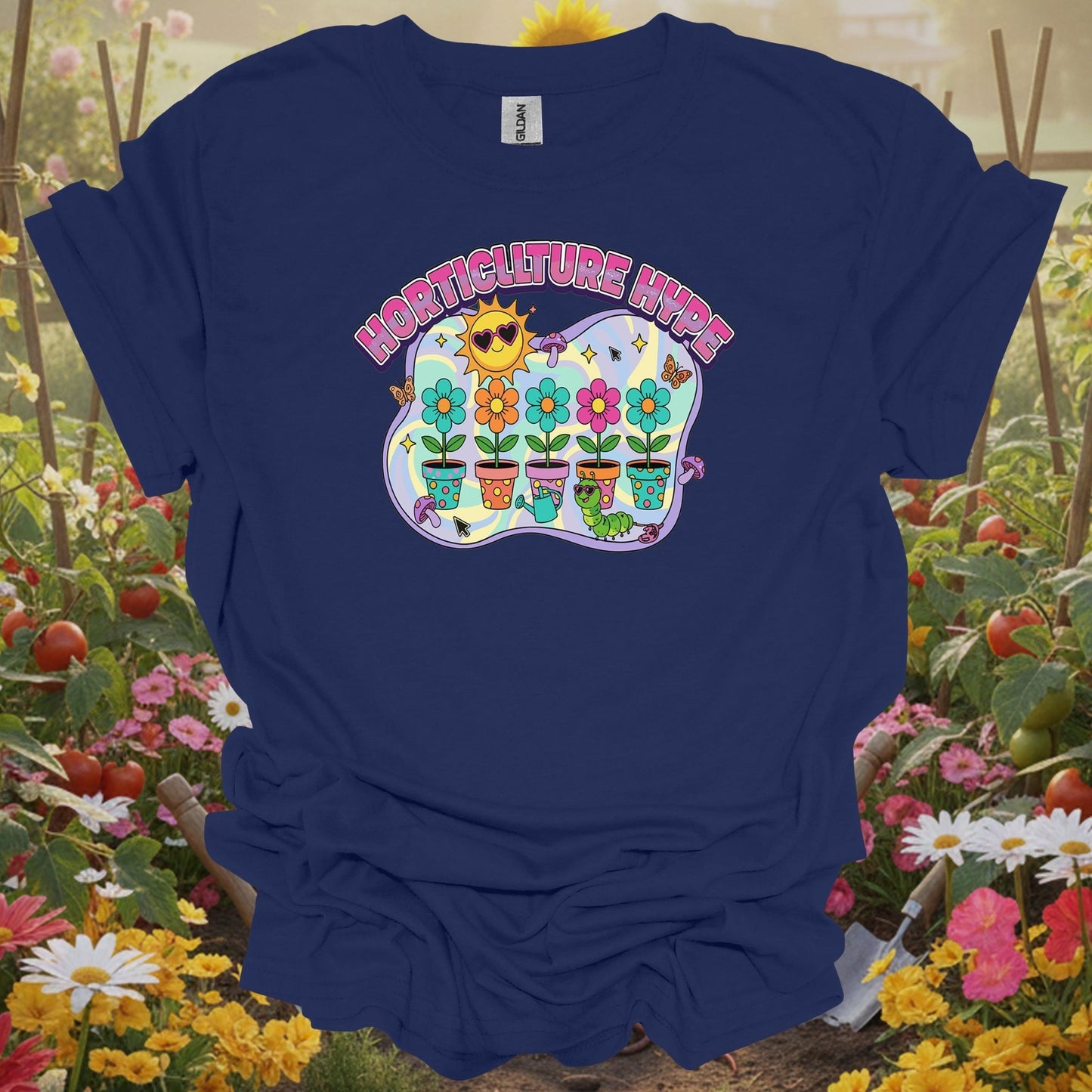 Navy top showing horticulture hype funky retro y2k gardener for green thumb folks