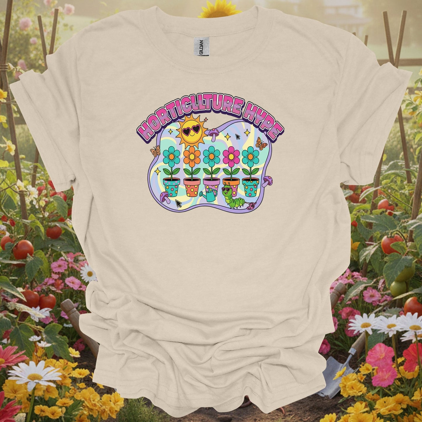 Natural tshirt showing horticulture hype funky retro y2k gardener for people who love plants