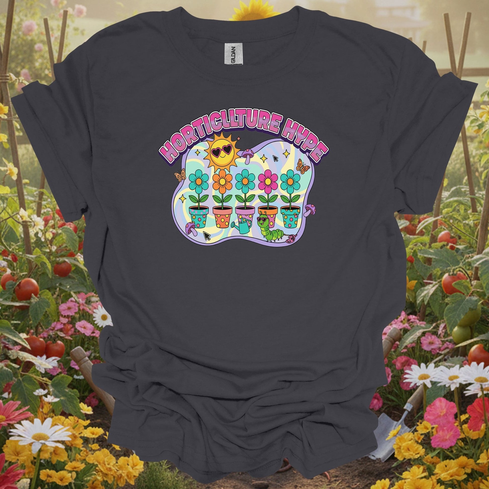 Charcoal tee showing horticulture hype funky retro y2k gardener for plant lovers