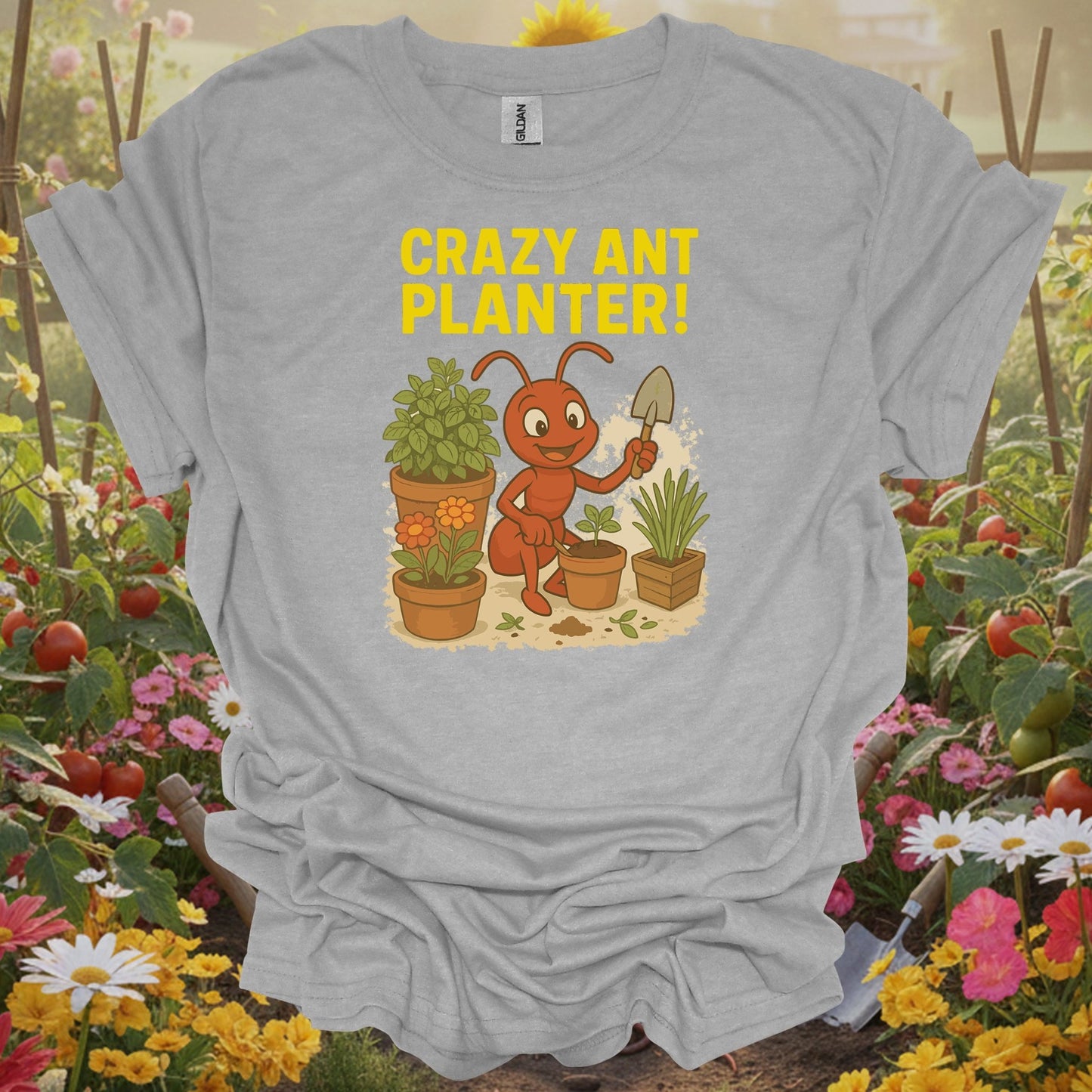 Sport Grey tshirt showing humorous crazy ant planter garden enthusiast for gardeners who laugh