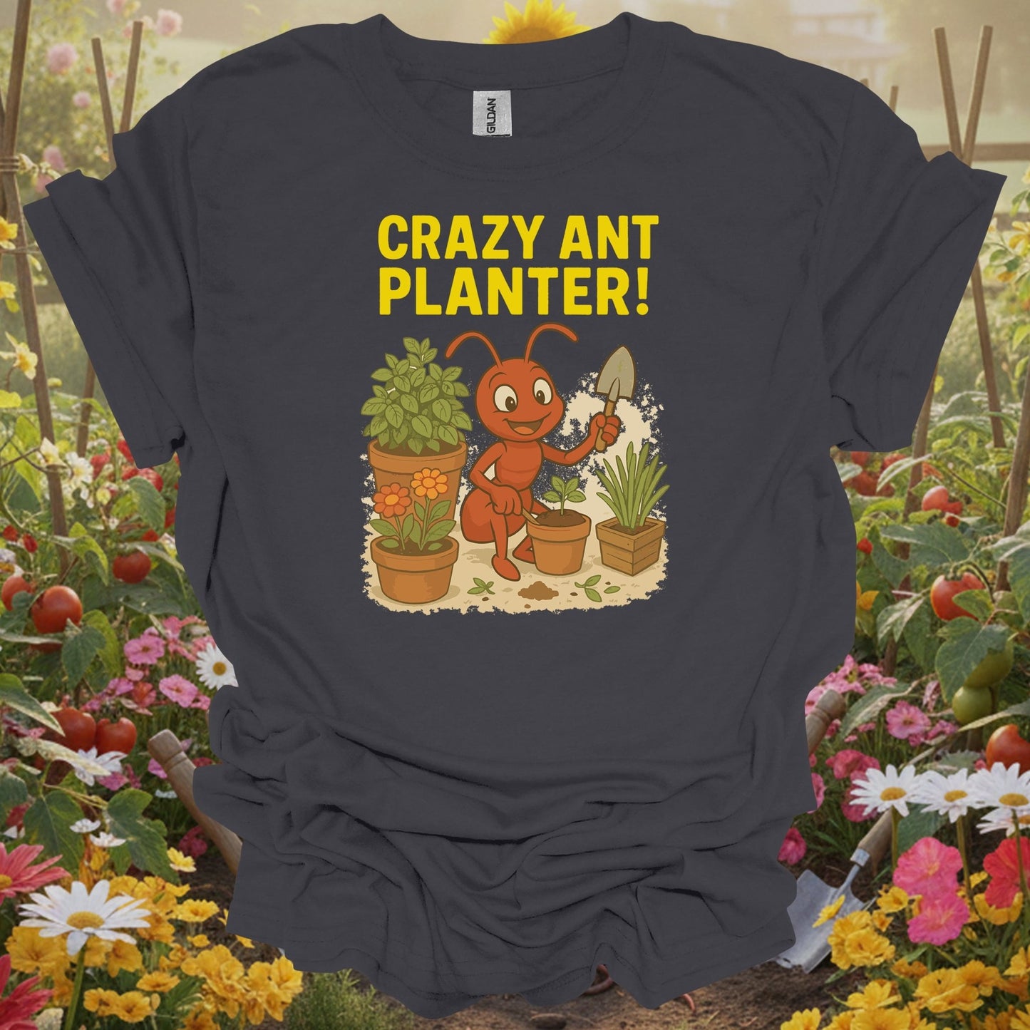 Charcoal tshirt showing humorous crazy ant planter garden enthusiast for gardeners with humor
