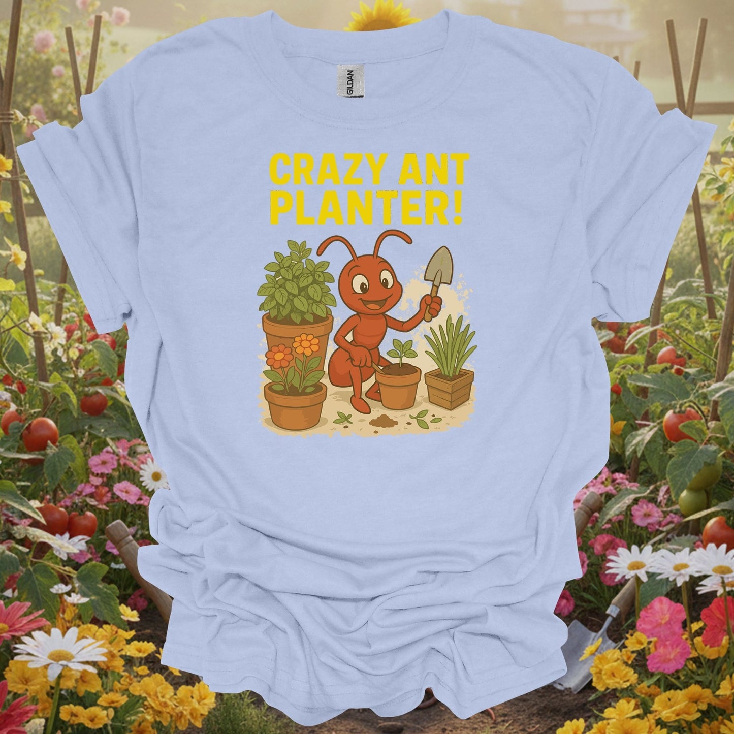 Light Blue tee showing humorous crazy ant planter garden enthusiast for folks who love garden puns