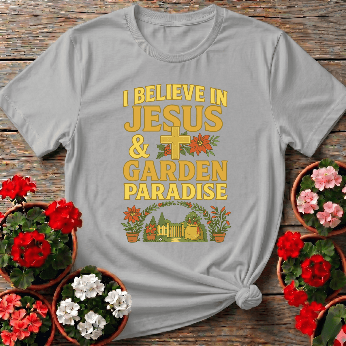 I Believe In Jesus and Garden Paradise Gold Cross T-shirt - GardeningTshirts