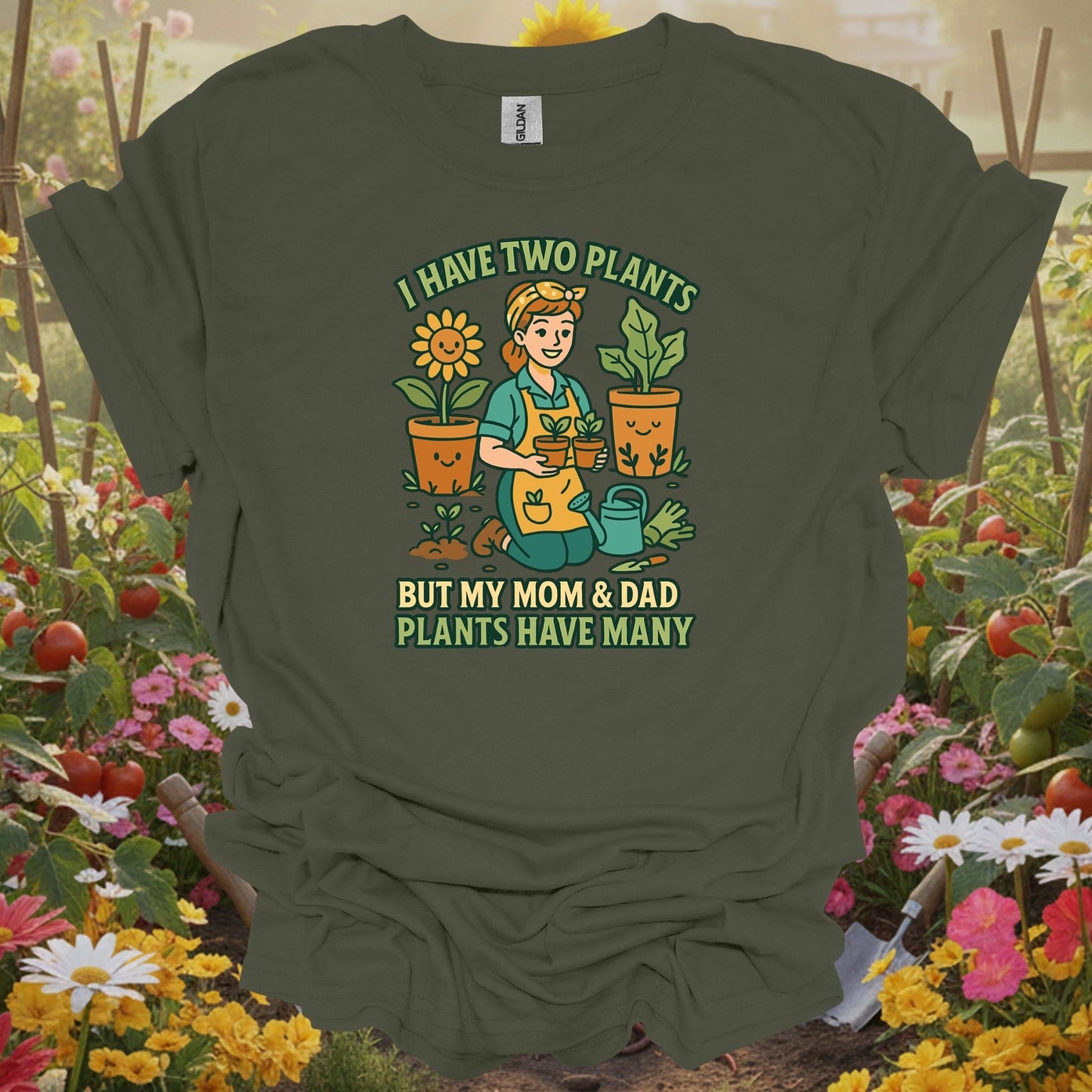 Military green tshirt showing acknowledge the family obsession with this relatable plant parent design for sensory seekers engaging with textures and scents