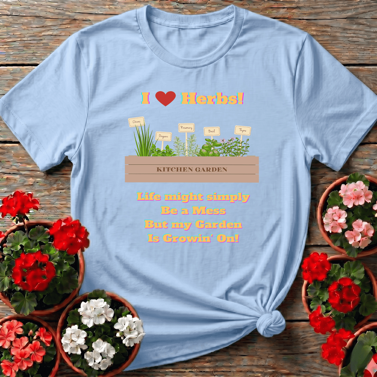 Light Blue cheerful retro-pop herb planter top "I Love Herbs" with chives oregano rosemary basil thyme for gardeners