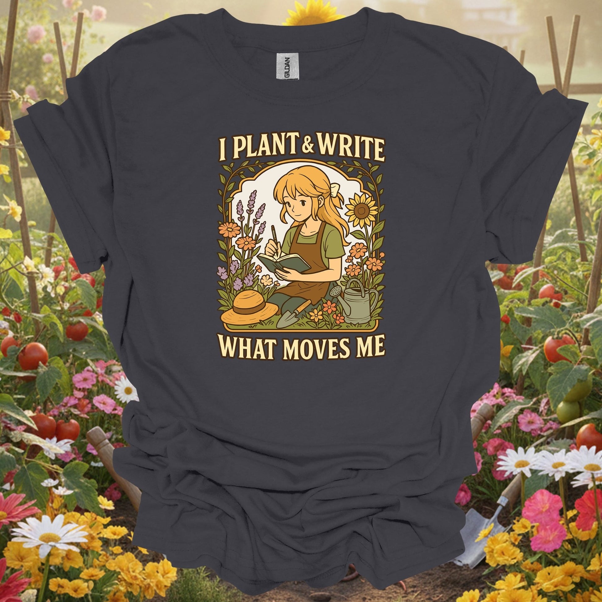 charcoal shirt showing : i plant & write what moves me anime for home gardeners