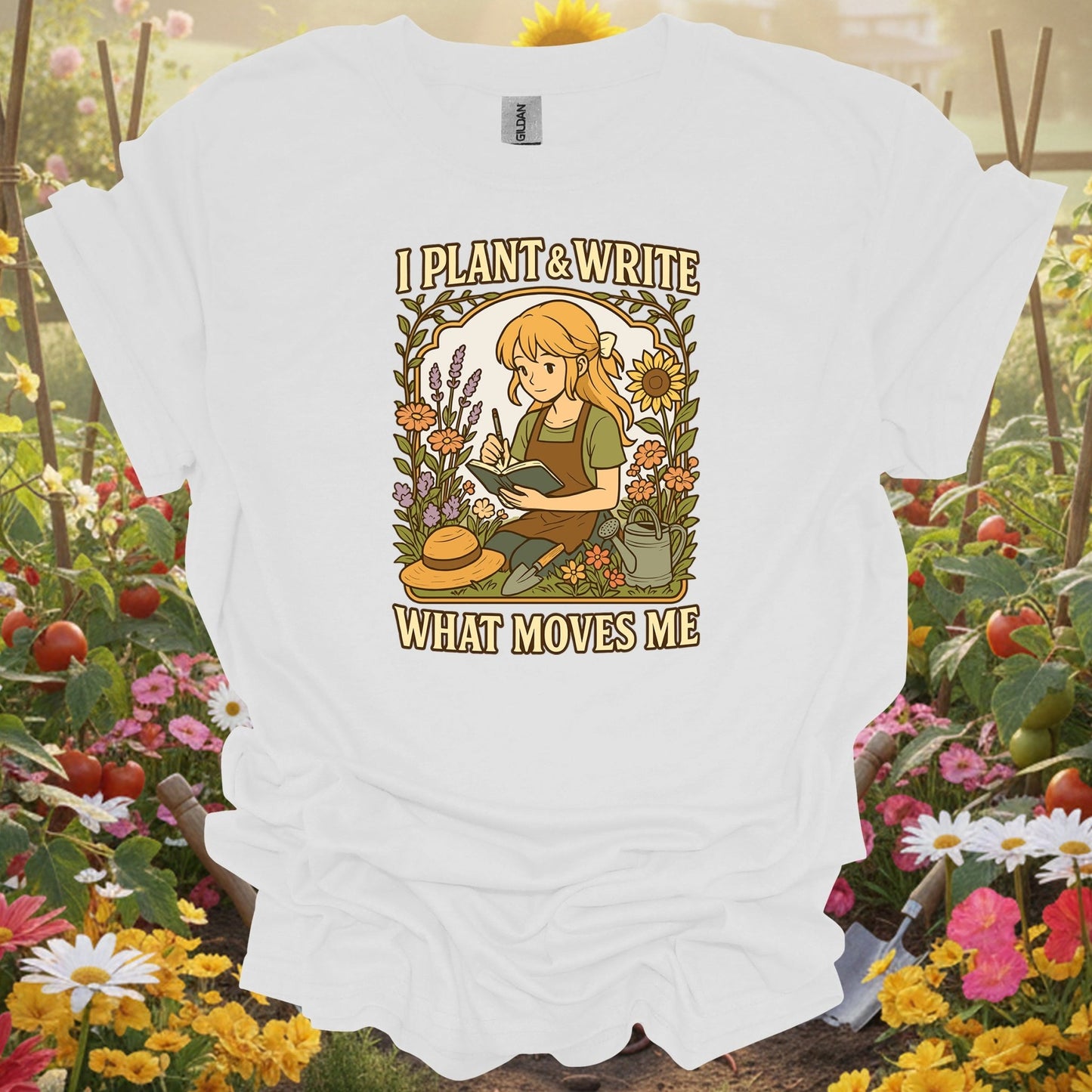 White tee showing : i plant & write what moves me anime for garden hobbyists
