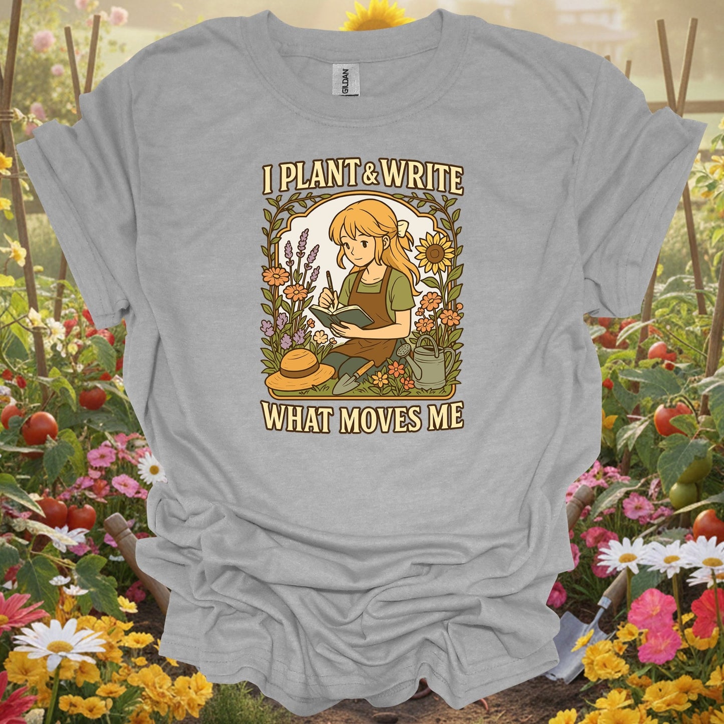 Sport Grey tshirt showing : i plant & write what moves me anime for backyard growers