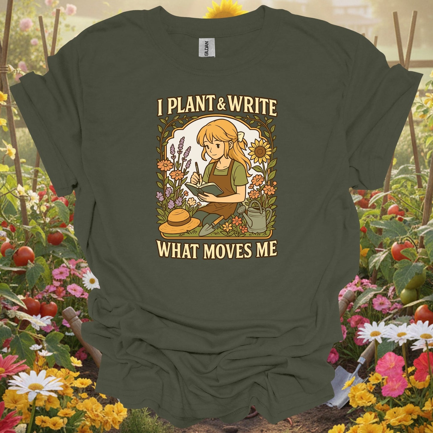 Military Green top showing : i plant & write what moves me anime for nature lovers