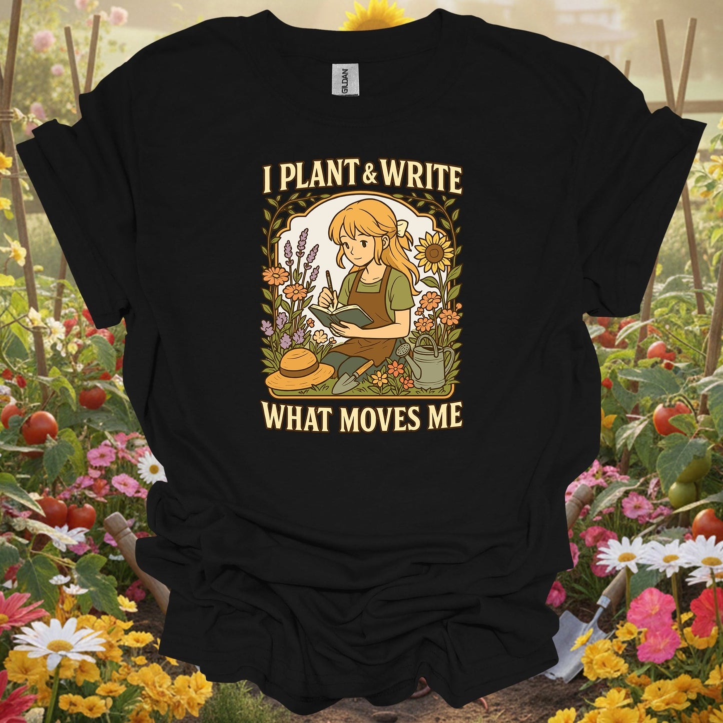 Black shirt showing : i plant & write what moves me anime for outdoor enthusiasts