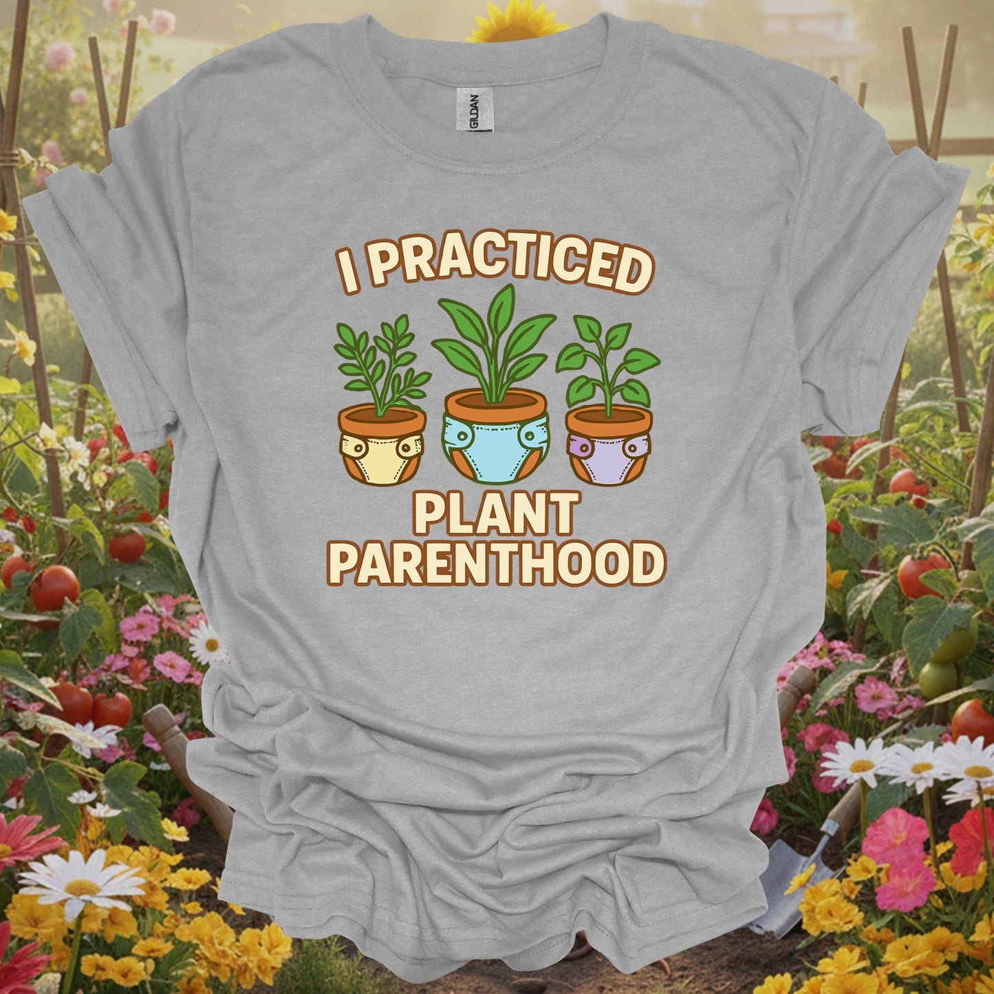 Sport Grey tshirt showing i practiced plant parenthood funny retro for backyard growers